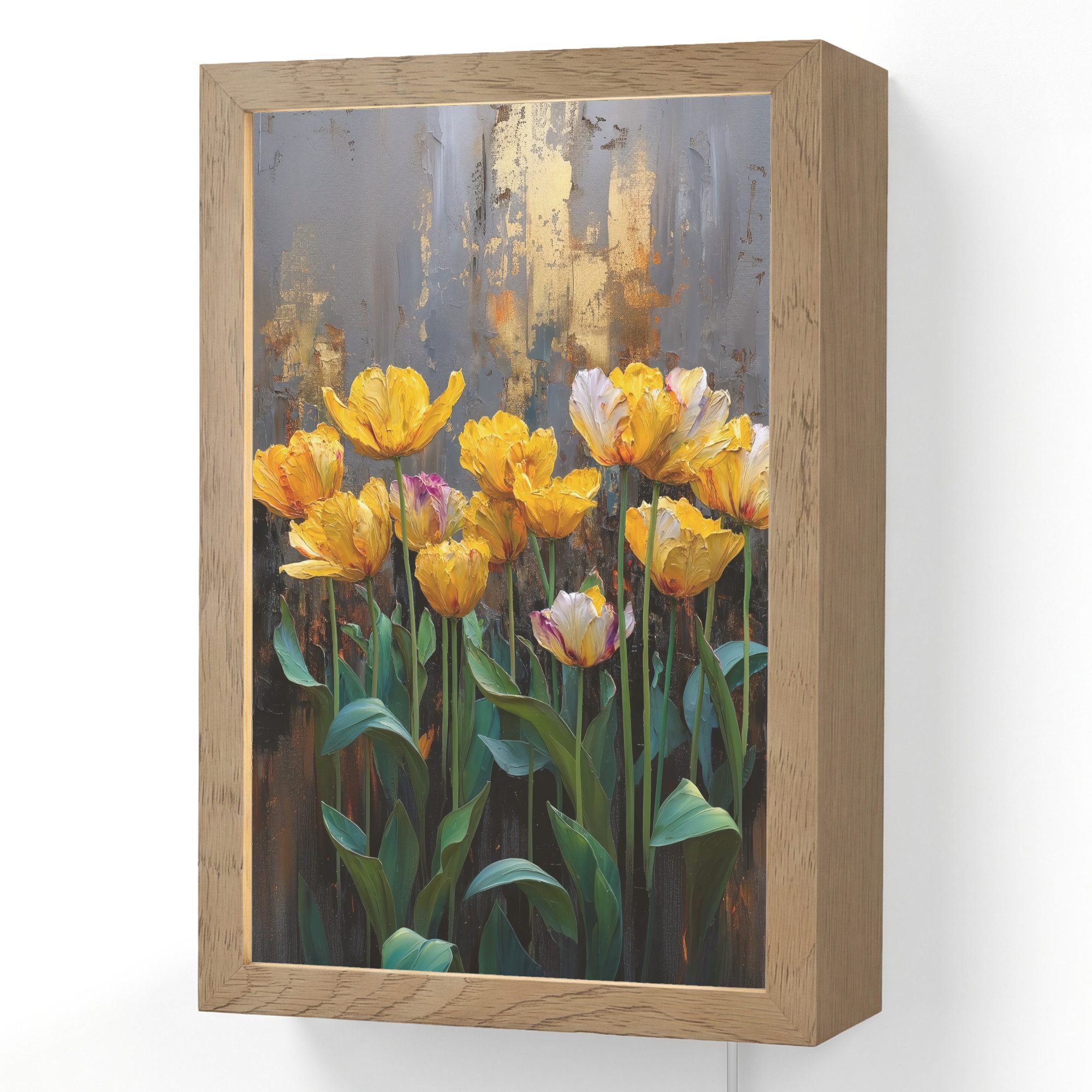 OnlyWow Wandleuchte Lightbox Tulpen - Gelb - Pinselstriche - Abstrakt, Dimmbar, Farbwechsel, LED, Warmweiß, Kaltweiß, Neutralweiß Einstellbar, Wandlampe Innen, Dimmbar, mit Kabel, LED, Beleuchtung, Wohnzimmer