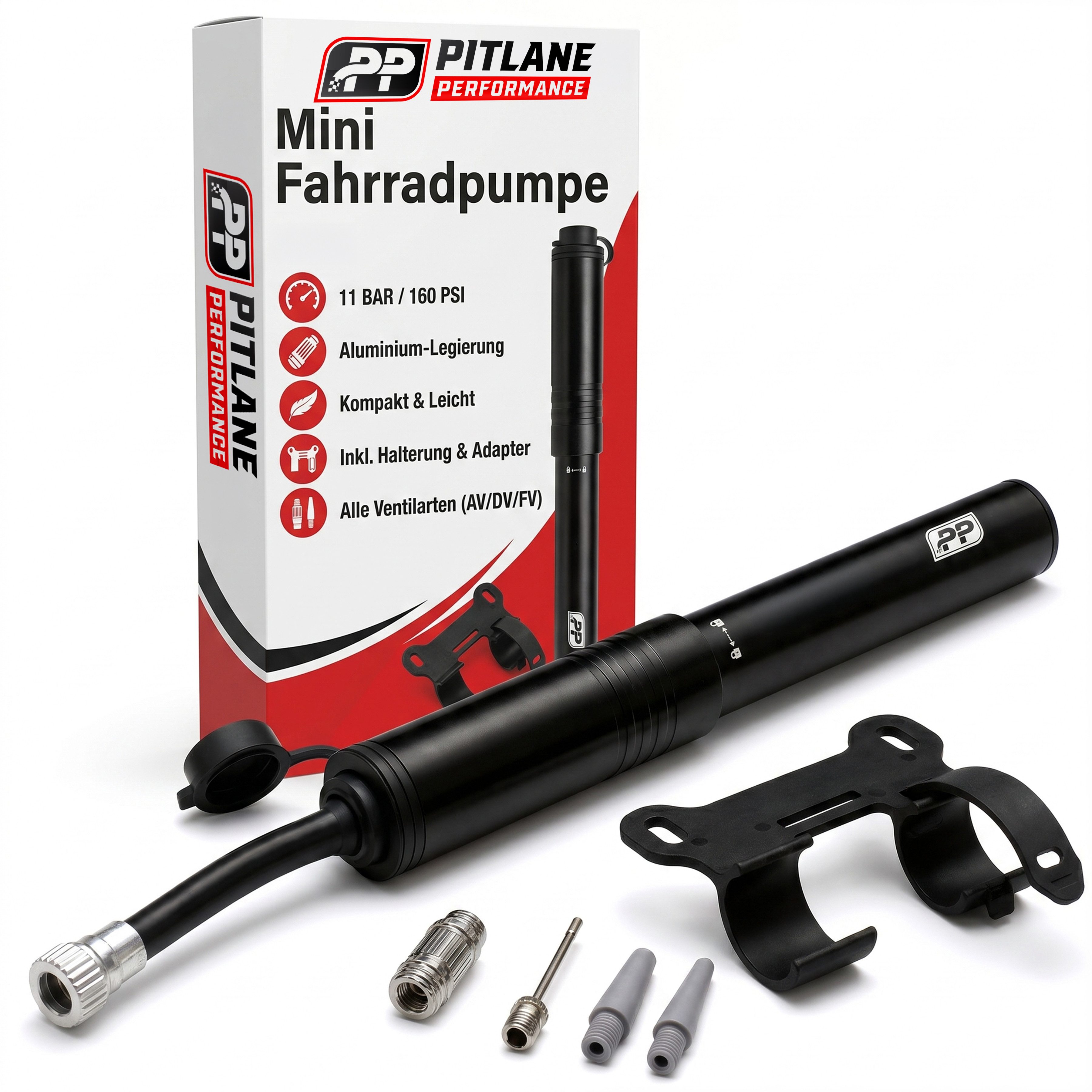 Pitlane Performance Luftpumpe Mini-Fahrradpumpe für alle Ventile (1 Pumpe mit Halterung und flexiblem Schlauch), Bis 11 bar, Presta-, Schrader- und Dunlop-Ventile