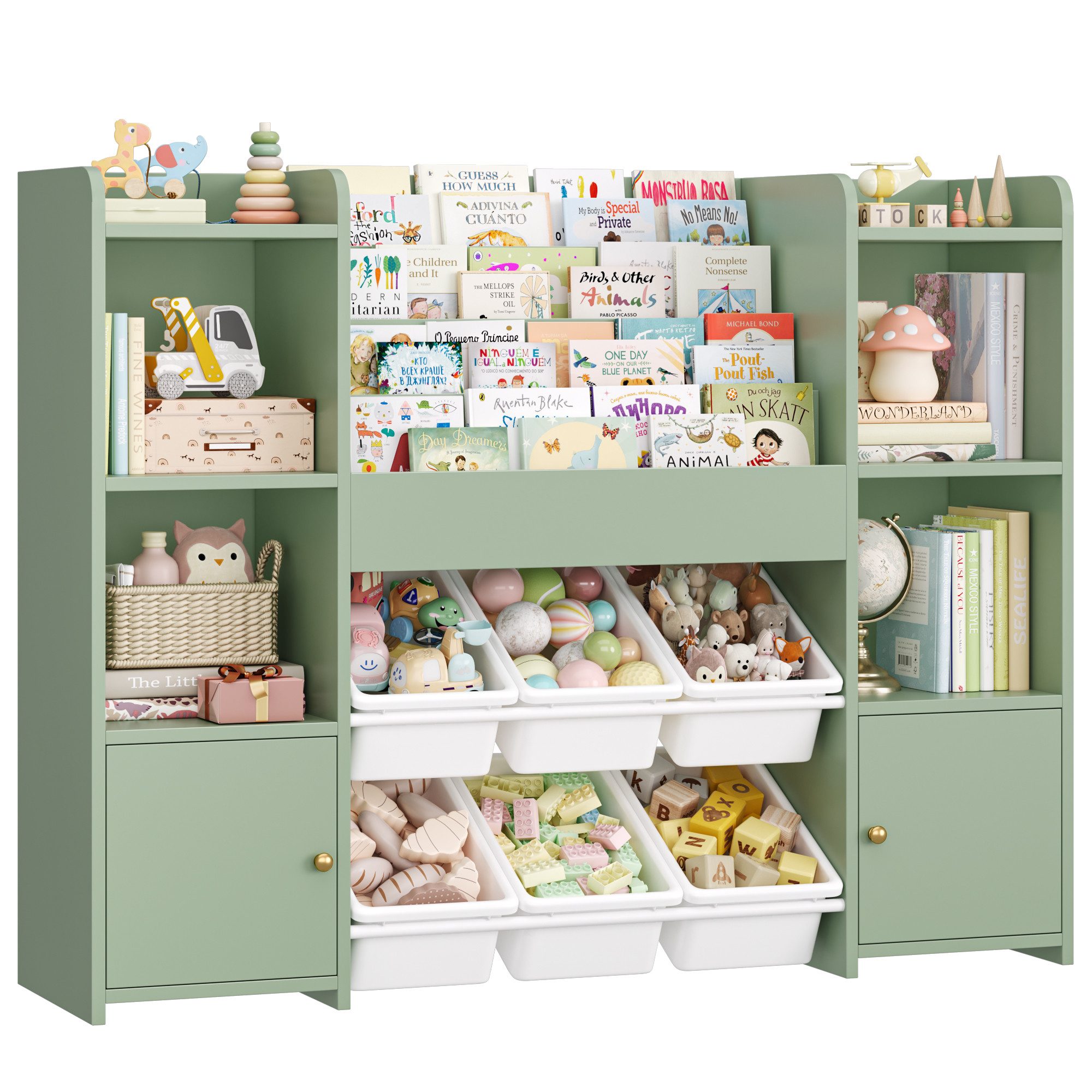 Homfa Kinderregal, Kinderbücherregal Spiegelregal mit 6 Boxen rosa 119x29x94 cm grün