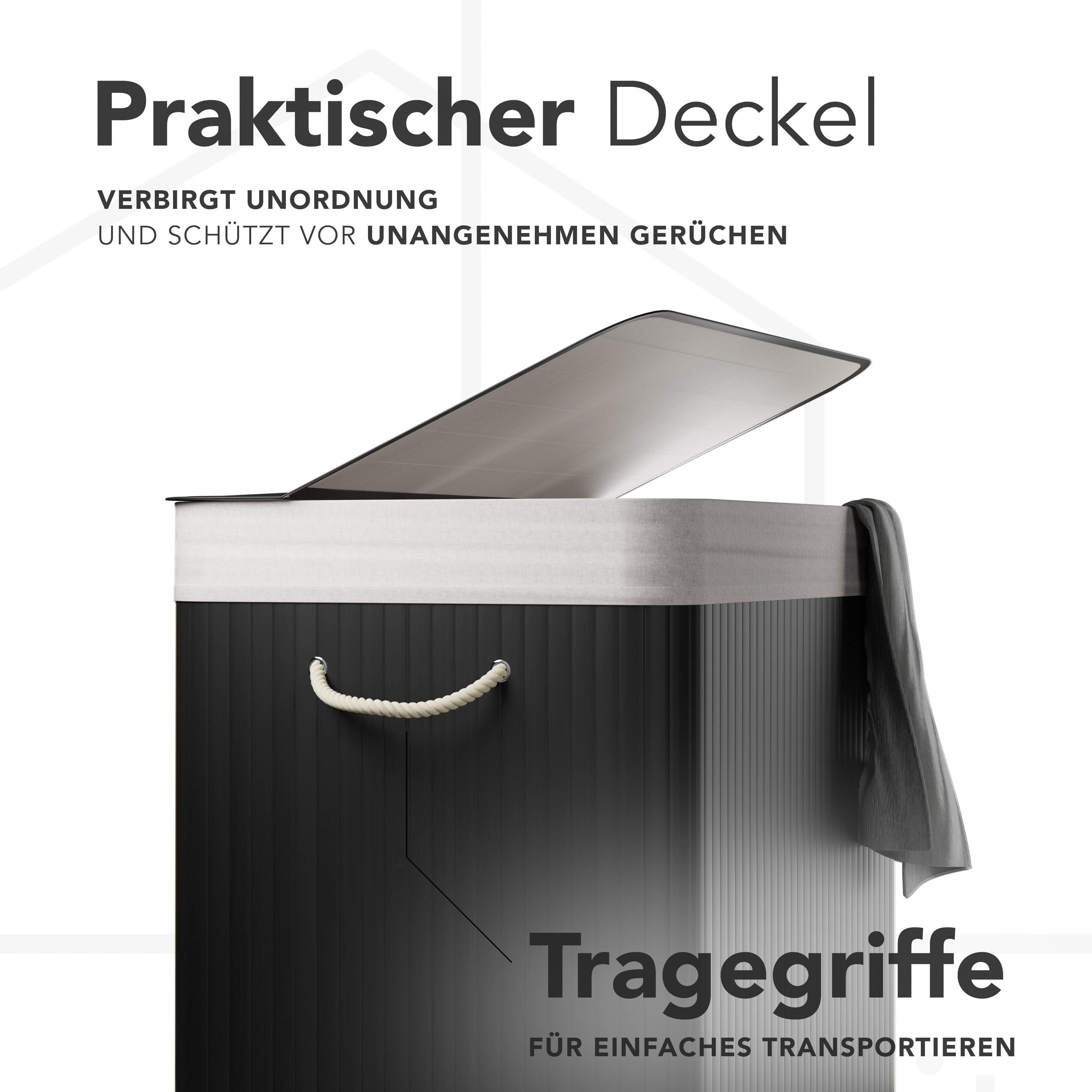 New Habitat Wäschekorb Bambus Wäschekorb 3 Fächer, 150L Wäschesammler mit Deckel & Sack