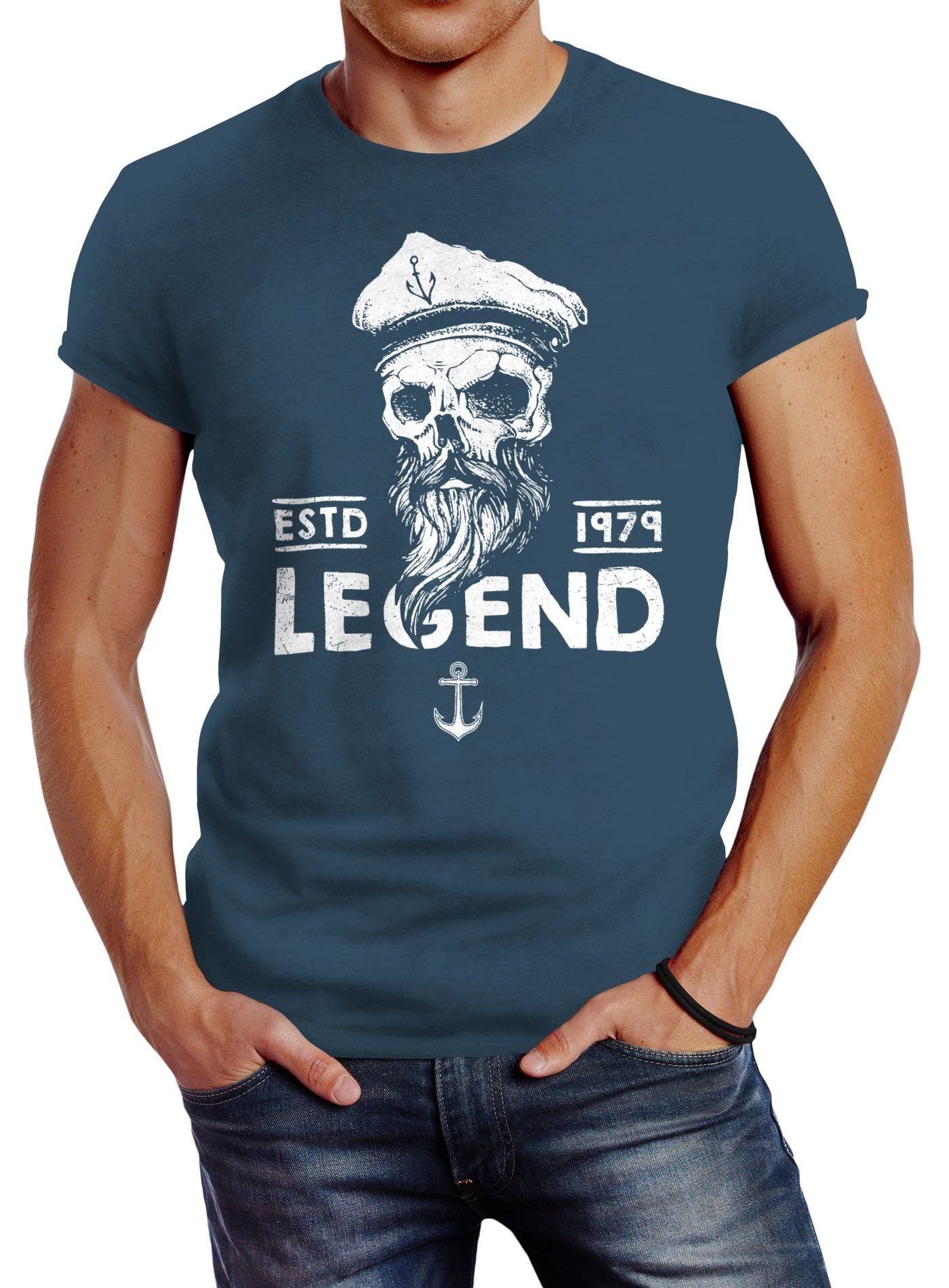 Neverless Print-Shirt Herren T-Shirt Skull Captain Legend Totenkopf Bart Kapitän Slim Fit Neverless® mit Print blau | T-Shirts