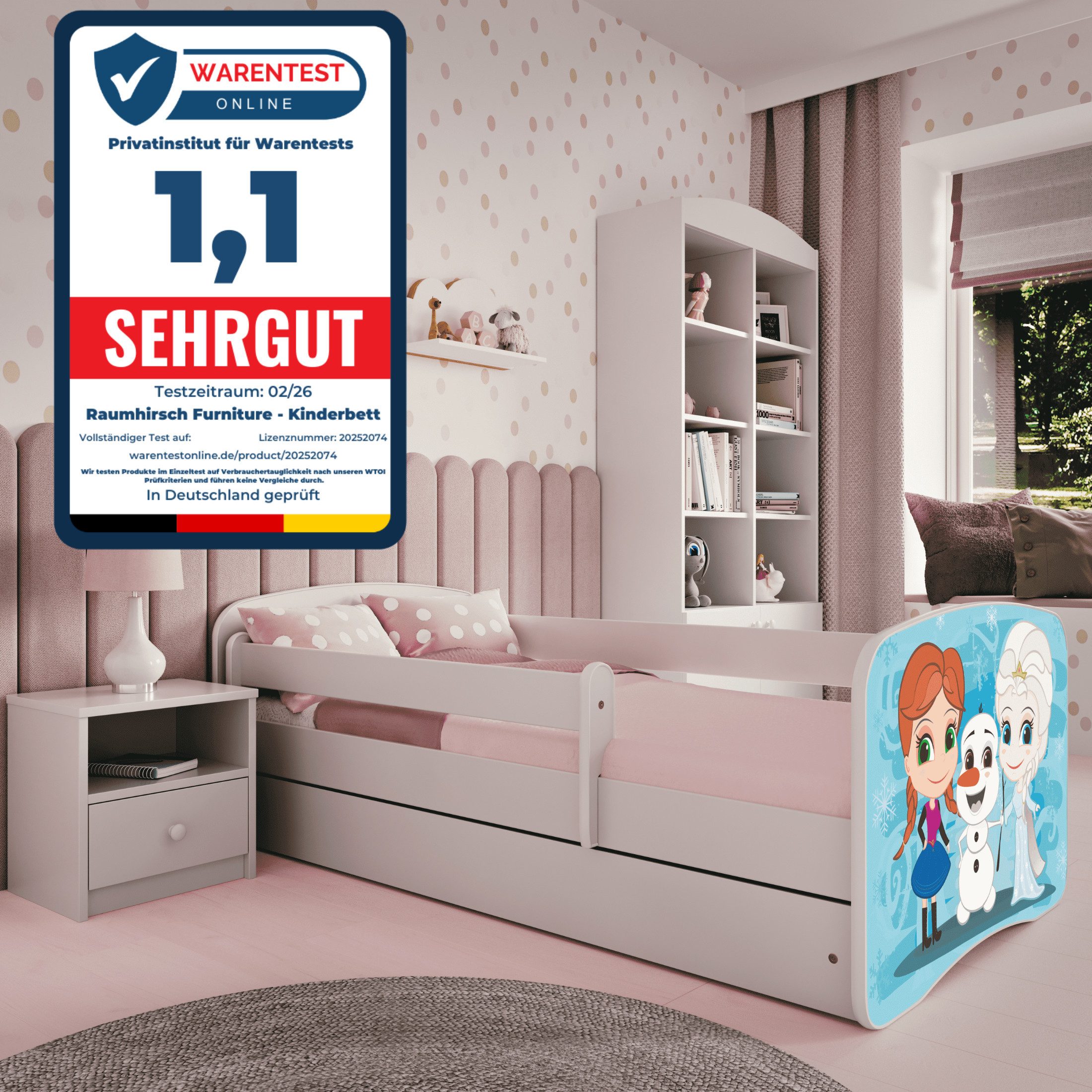 Raumhirsch Furniture Kinderbett 70x140, 80x160, 80x180 cm - Komplettset mit Matratze & Schublade (Bett für Mädchen, Einzelbett Kinder 2–12, mit Rausfallschutz & Lattenrost), verschiedene Farben & Designs