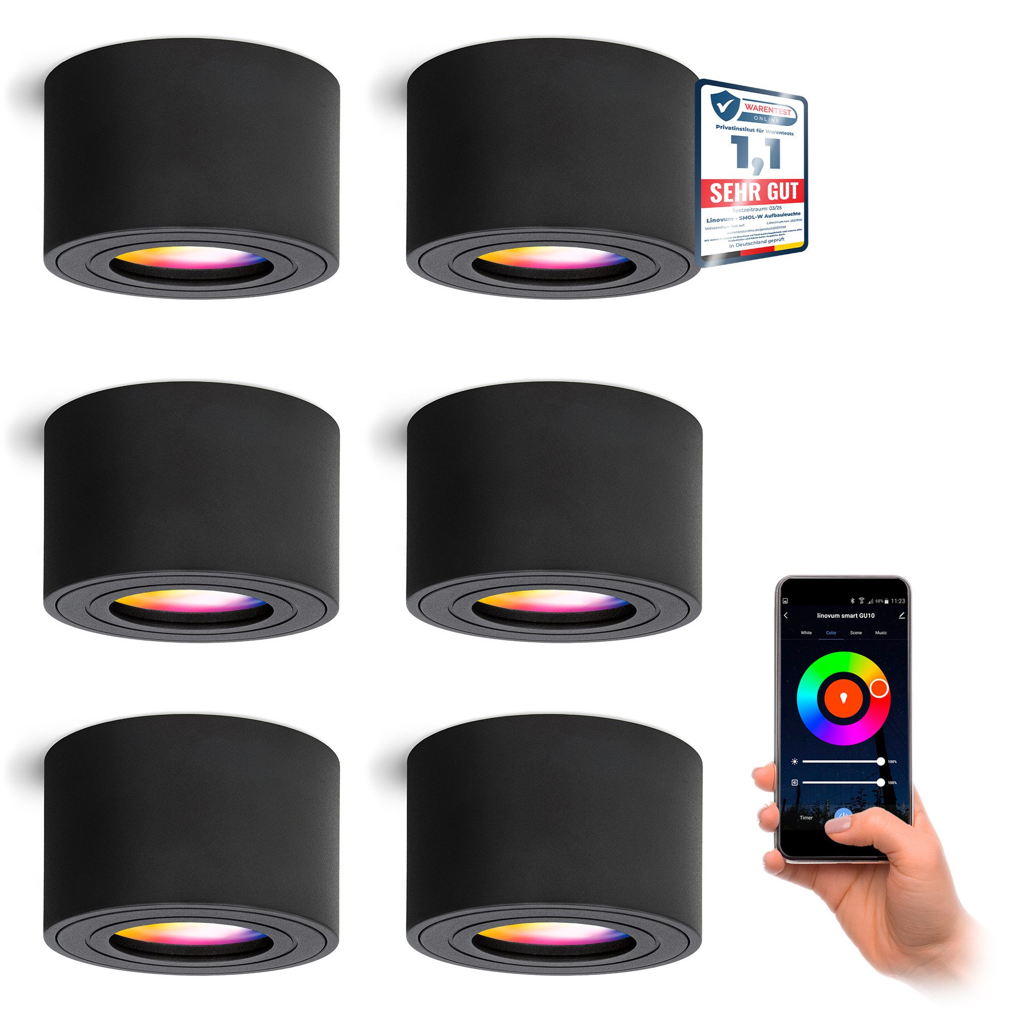linovum LED Außen-Deckenleuchte Aufbauleuchte SMOL-W schwarz IP44 LED Birne SMART RGB 3CCT Aufbauspot, Smart
