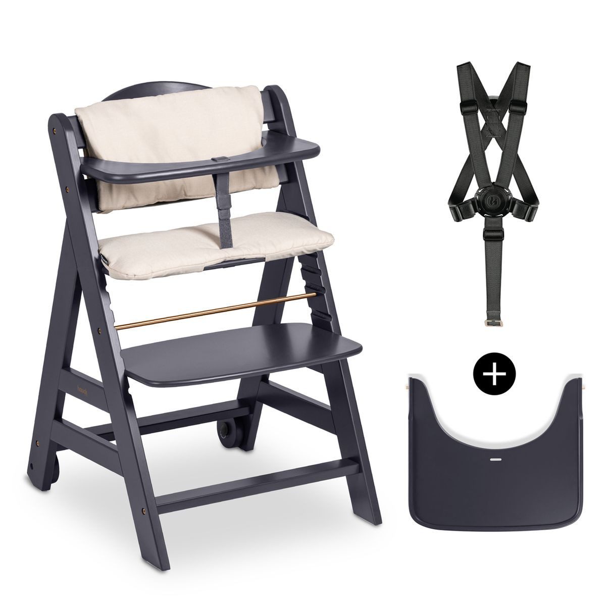 Hauck Tischsitz Beta Plus - Dark Grey, Mitwachsender Holz Kinderhochstuhl mit Essbrett, Sitzauflage & Rollen
