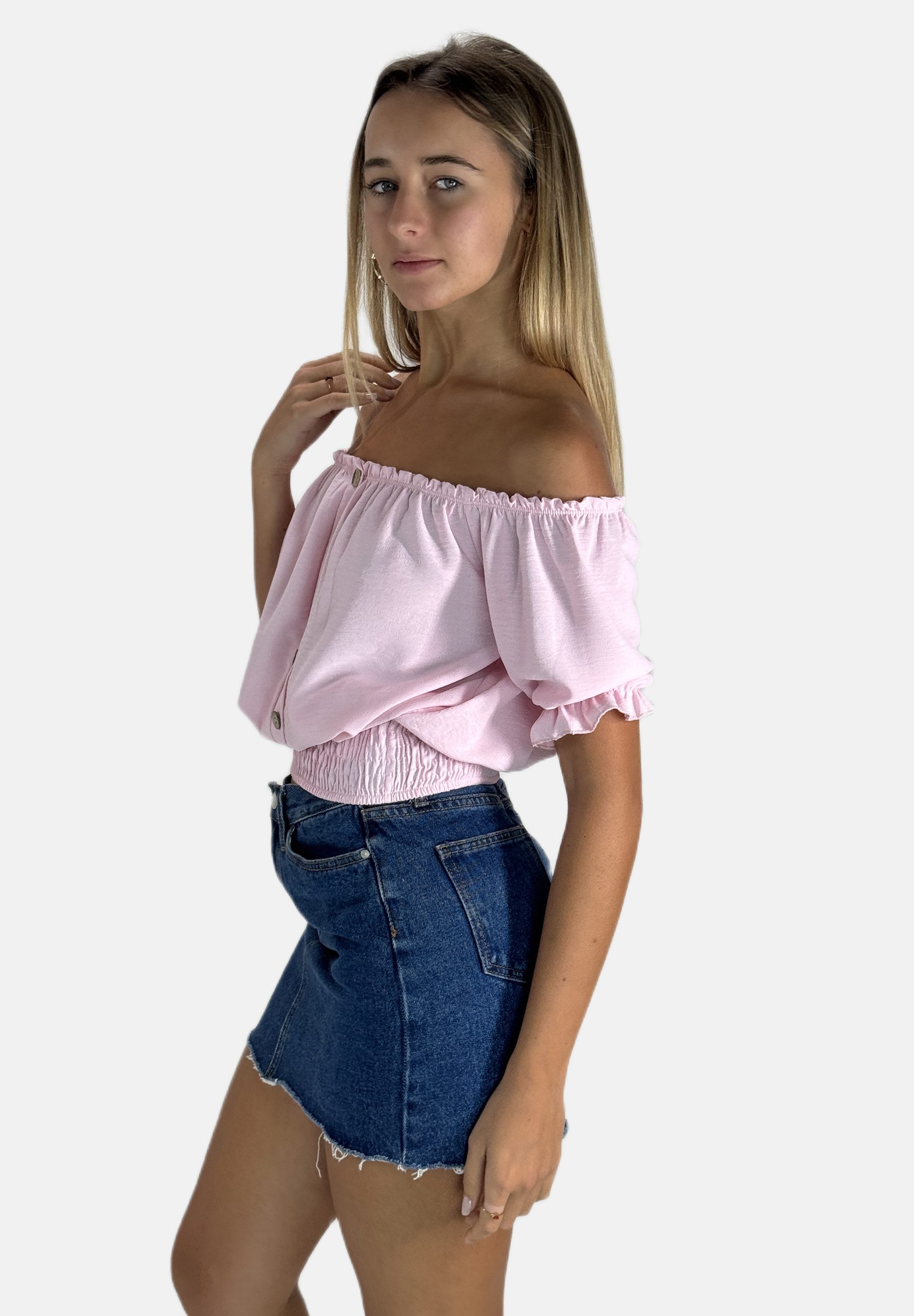 Elara Blusentop Damen Carmen Bluse One Size mit Knopfleiste und Volantärmeln