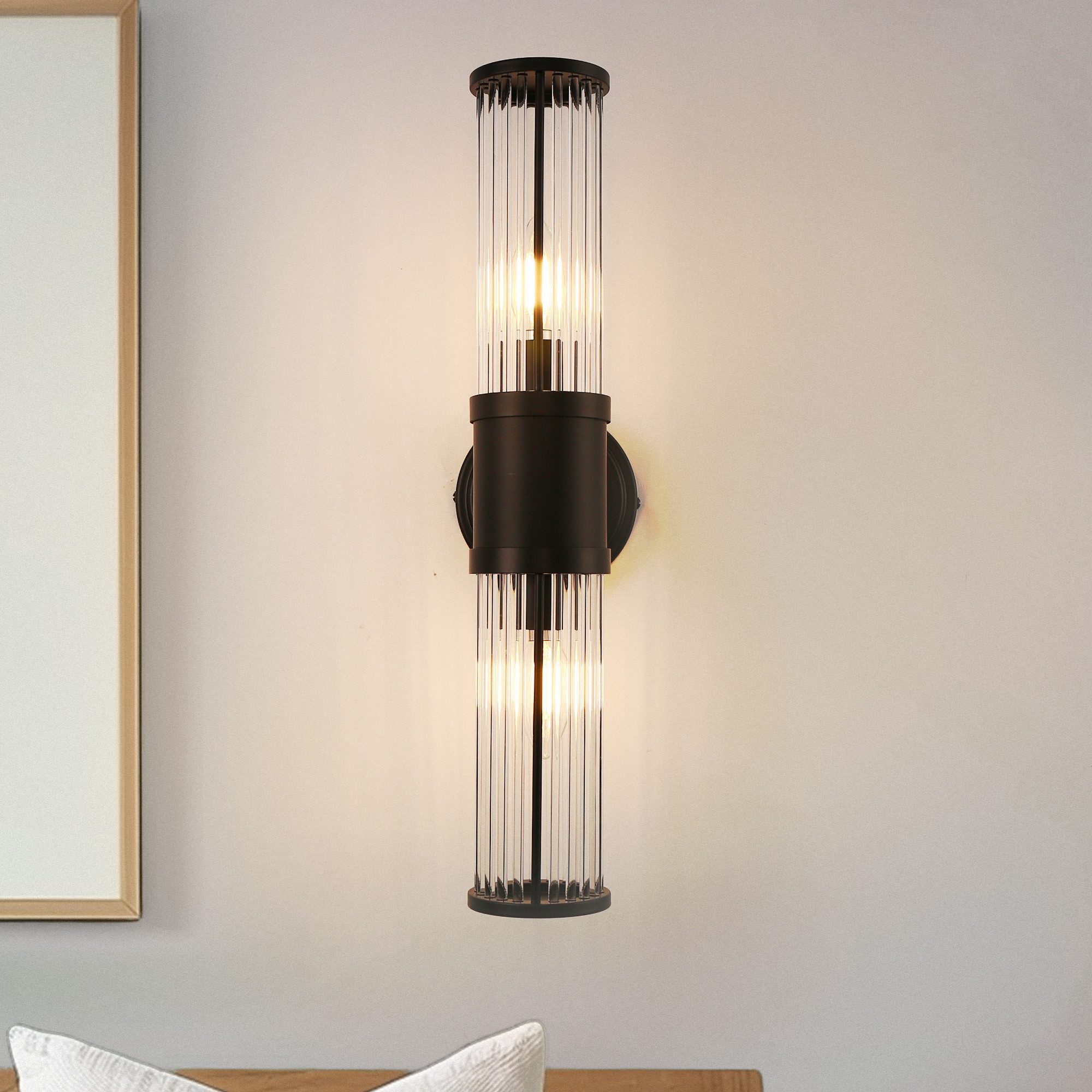 LOHAS-LED Wandleuchte 2-flammige Wandlampe E14 im modern-industriellen Stil, ohne Leuchtmittel, Mattschwarze Metall-Glas-Wandleuchte, 50 cm Höhe