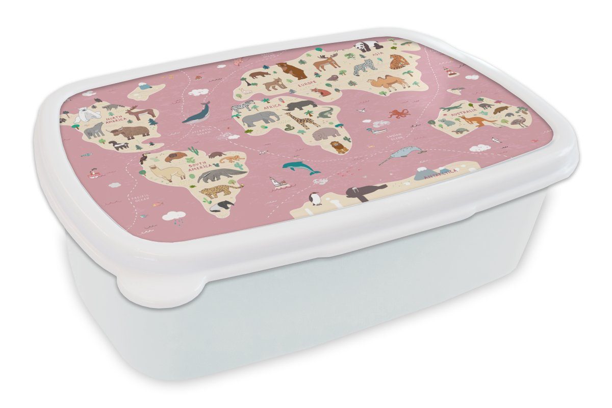 MuchoWow Lunchbox Weltkarte Kinder - Tiere - Erde - Jungen - Mädchen - Rosa, Kunststoff, (2-tlg), Brotbox für Kinder und Erwachsene, Brotdose, für Jungs und Mädchen weiß