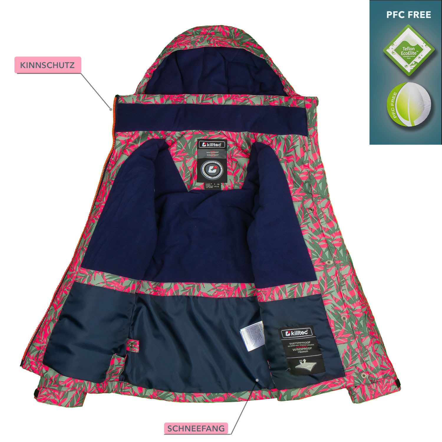 Killtec Skianzug Mädchen Skijacke hellgrün pink gemustert + Skihose hellgrün, verschweißte Nähte