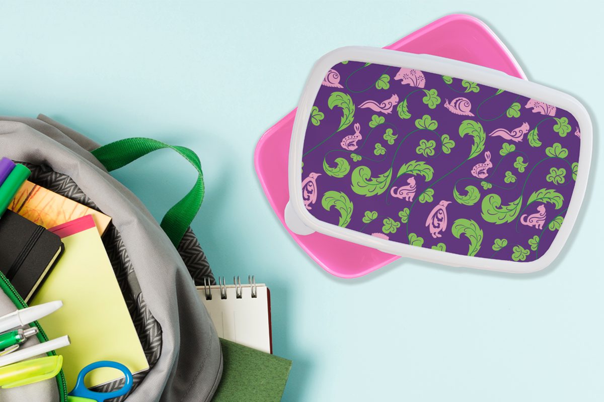 Snackbox, Erwachsene, Mädchen, Lunchbox für Muster, Blätter Tiere Brotdose Kinder, - Kunststoff Kunststoff, - MuchoWow Brotbox rosa (2-tlg),