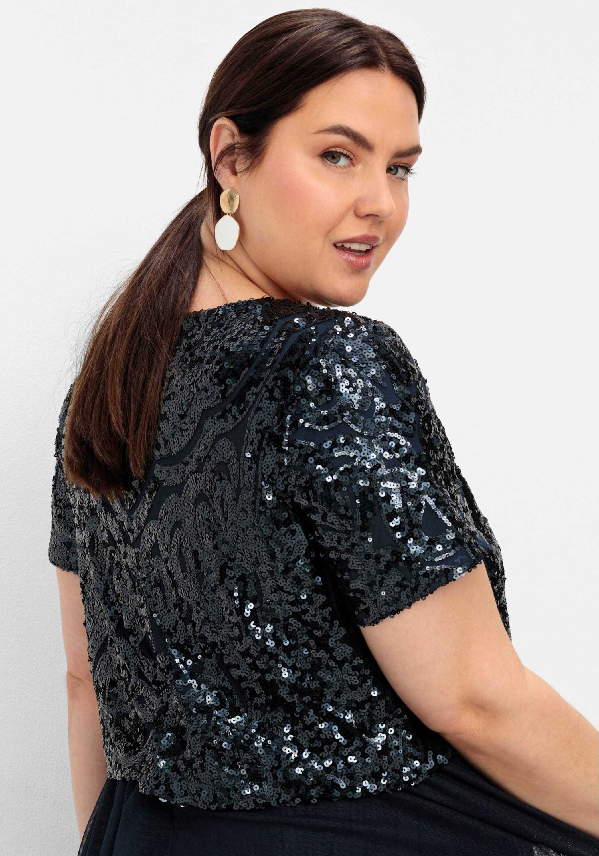 Sheego Etuikleid Abendkleid Kurzarm mit lose fallendem Paillettenoberteil – Bild 4 von 5