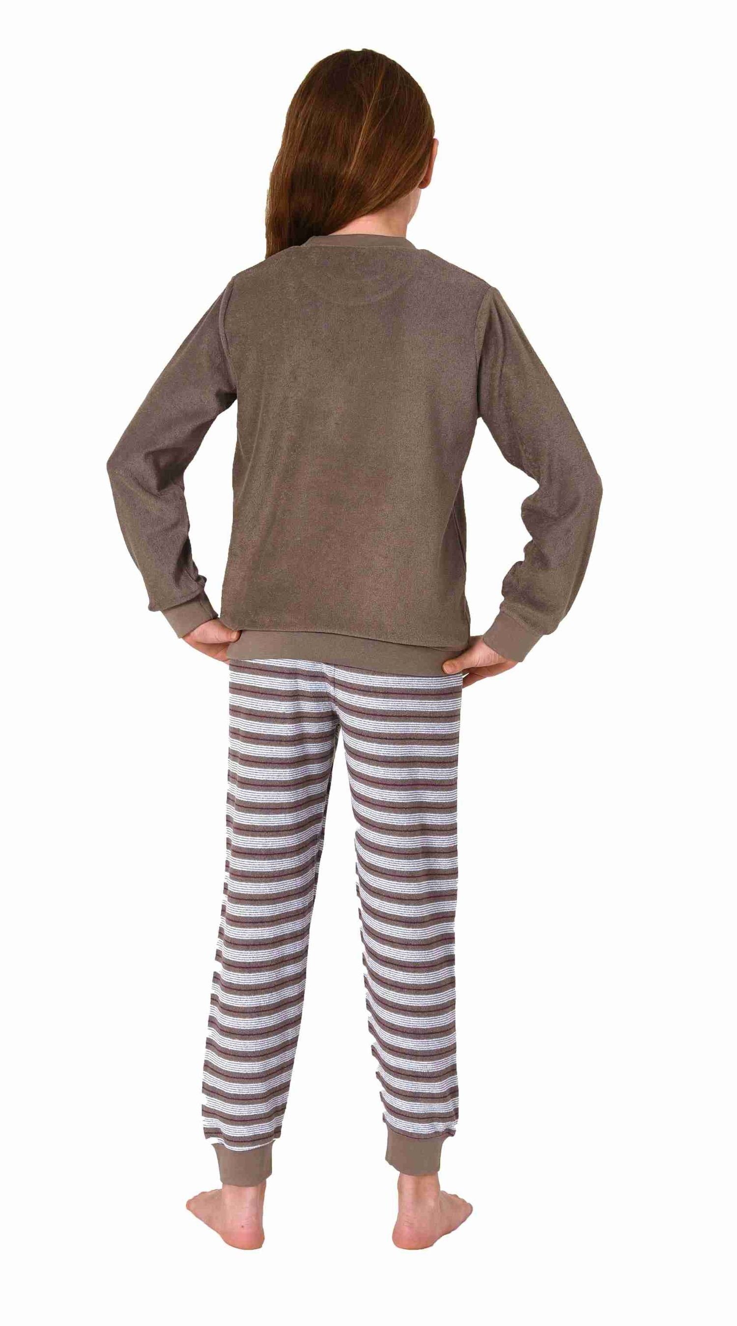 Pyjama und Schlafanzug mit süssen Normann Tiermotiv grau langarm Frottee Mädchen Bündchen