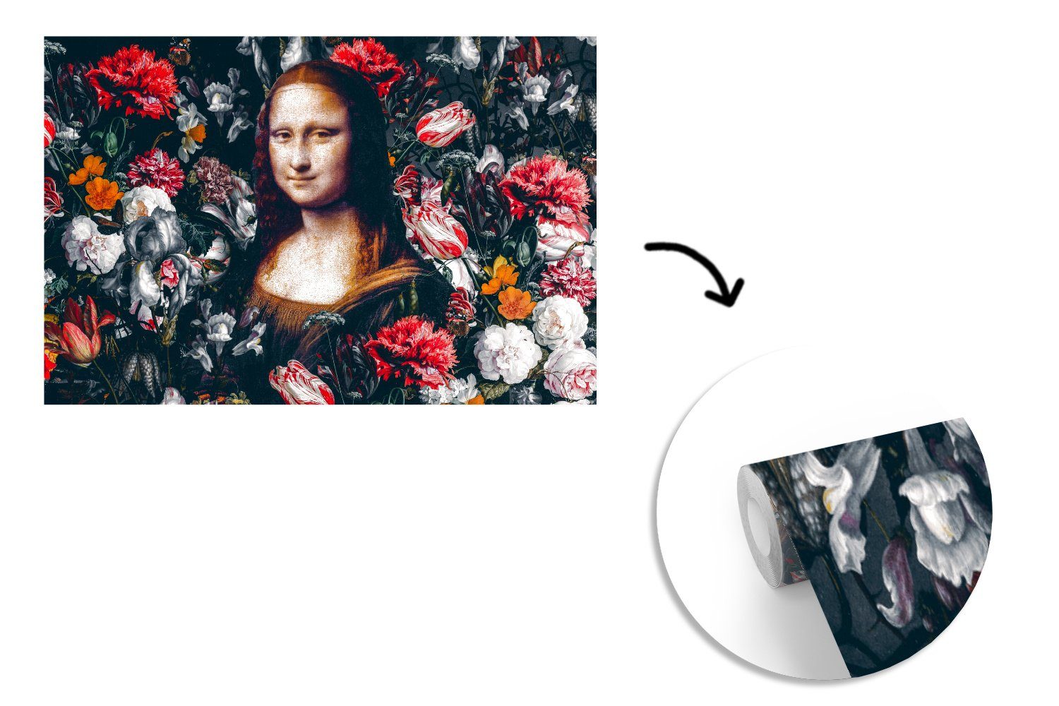 Gemälde, Blumen Fototapete Kinderzimmer, - Schlafzimmer, Da Tapete Vinci (6 Matt, St), - für Wallpaper Vinyl Lisa Wohnzimmer, bedruckt, Mona MuchoWow -