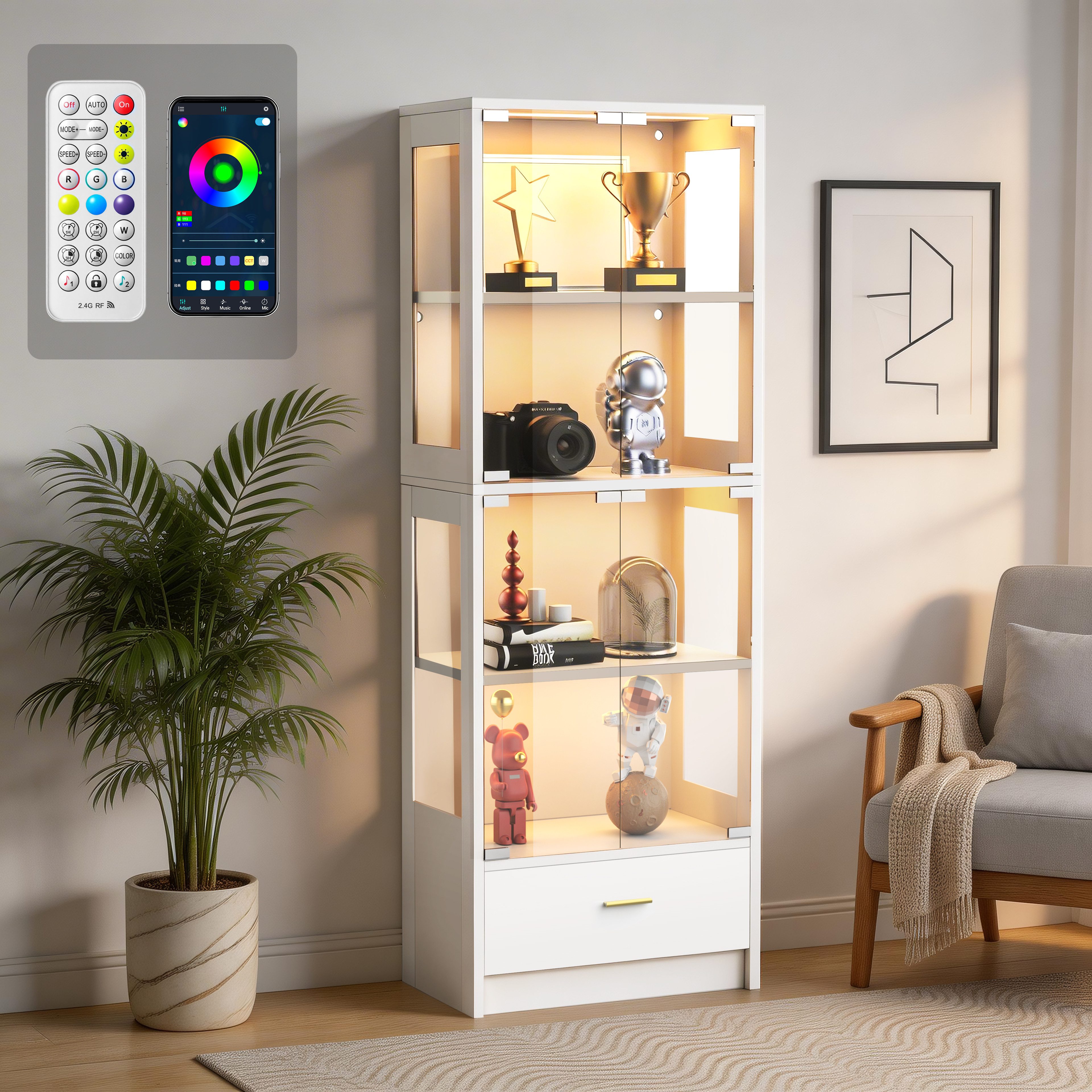 oyajia Standvitrine Glasvitrine mit LED-Beleuchtung und Schubladen (Standregal Schrank Vitrine, 1-St., mit verstellbaren Fachböden) Wohnzimmerschrank mit Glastüren und Stauraum, H:170cm