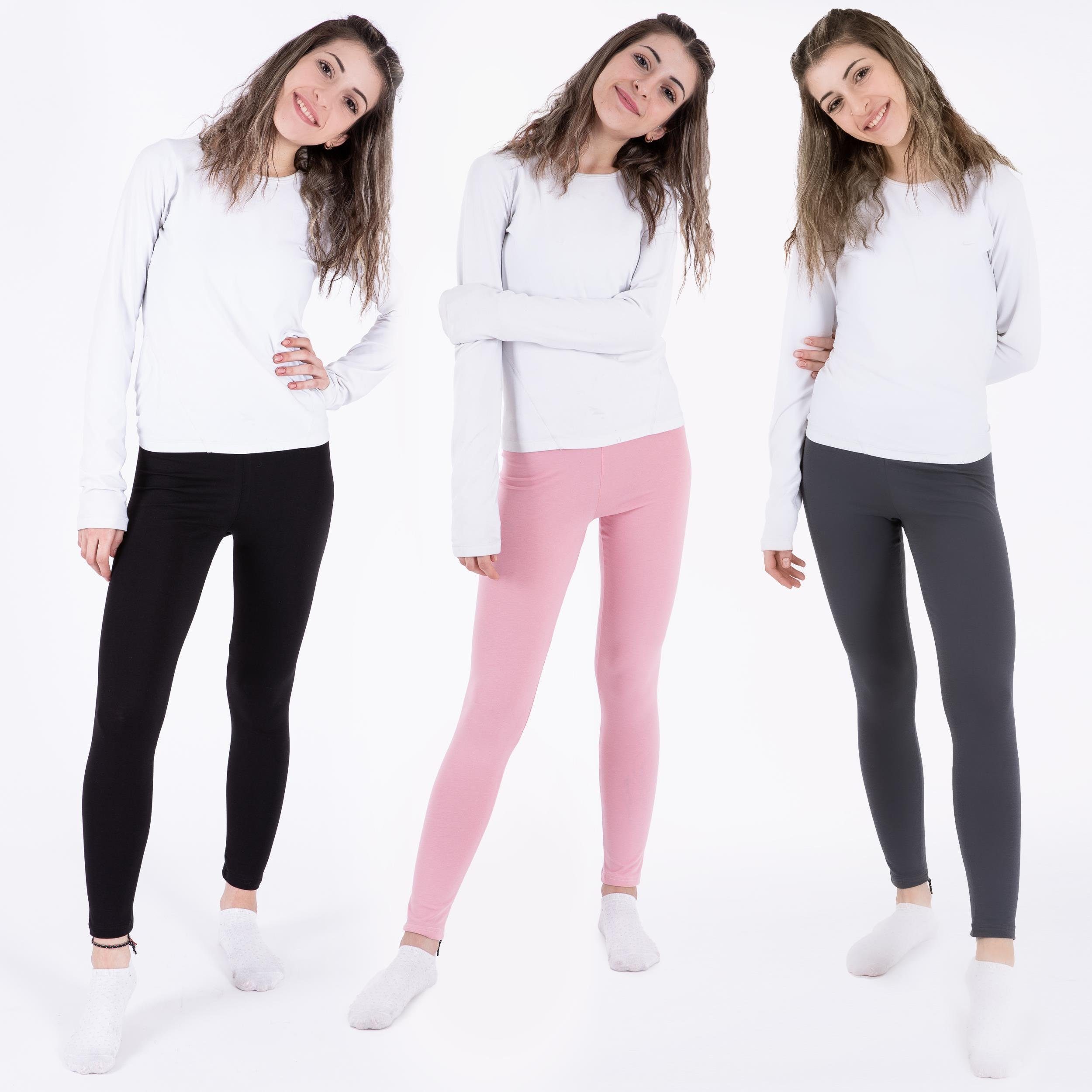 LOREZA Leggings 3 Mädchen Leggings Set lang Baumwolle blickdicht Freizeithose elastisc (3-tlg) elastischer Bund