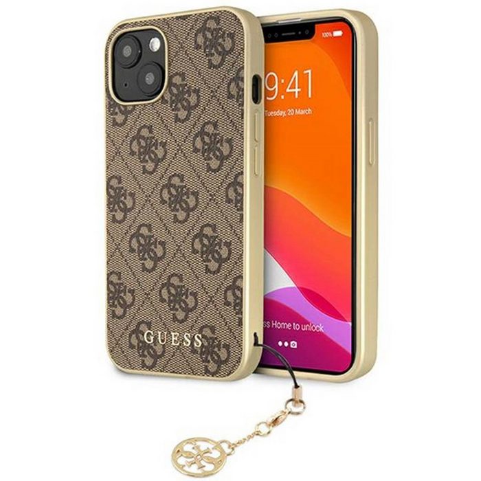 Guess Handyhülle Guess 4G Charms Apple iPhone 14 Plus Hard Case Cover Schutzhülle Kette Anhänger Braun / Gold
