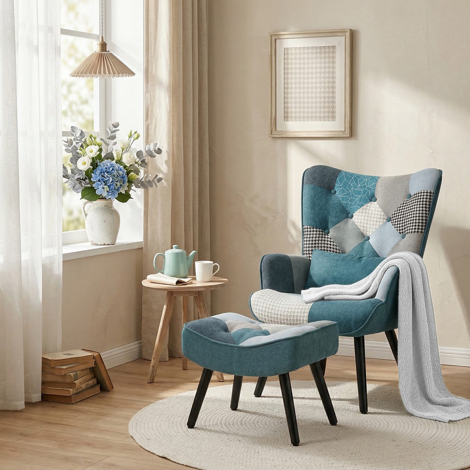 HomeMiYN Ohrensessel Relaxsessel Lehnstühle Patchwork Ohrensessel mit Hocker lesesessel, Chair