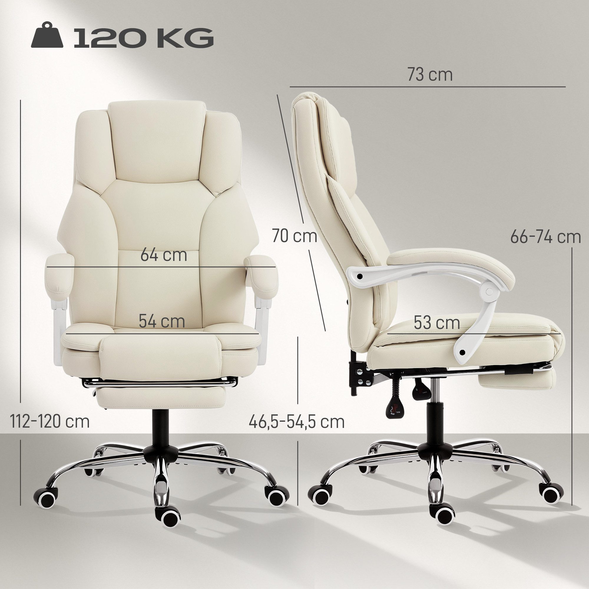 HOMCOM Schreibtischstuhl Bürostuhl, Kunstleder, gepolstert, bis 120 kg belastbar, Beige (Bürostuhl mit Liegefunktion, 1 St), höhenverstellbar Drehstuhl mit Fußs – Bild 3 von 5
