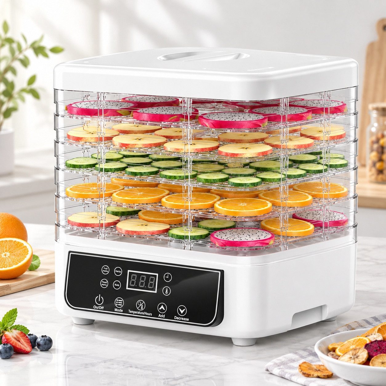 Fofile Dörrautomat Dörrautomat für Obst und Gemüse, Dörrgerät mit Temperaturregler 160 W, 6 Etagen, 48h-Timer, 6 Einlegefächer, 35–70 °C, Snack to go