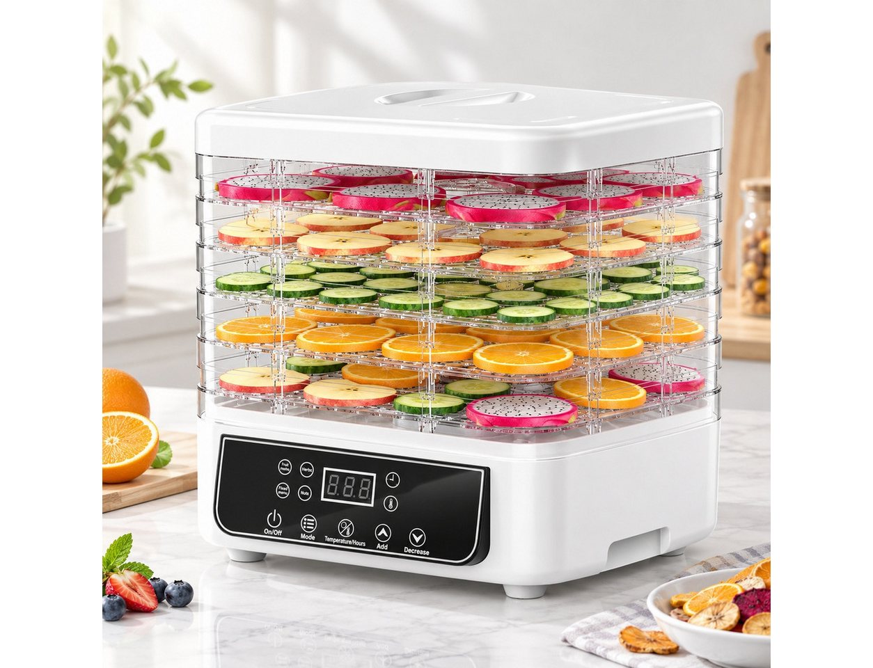 Fofile Dörrautomat Dörrautomat für Obst und Gemüse, Dörrgerät mit Temperaturregler 160 W, 6 Etagen, 48h-Timer, 6 Einlegefächer, 35–70 °C, Snack to go