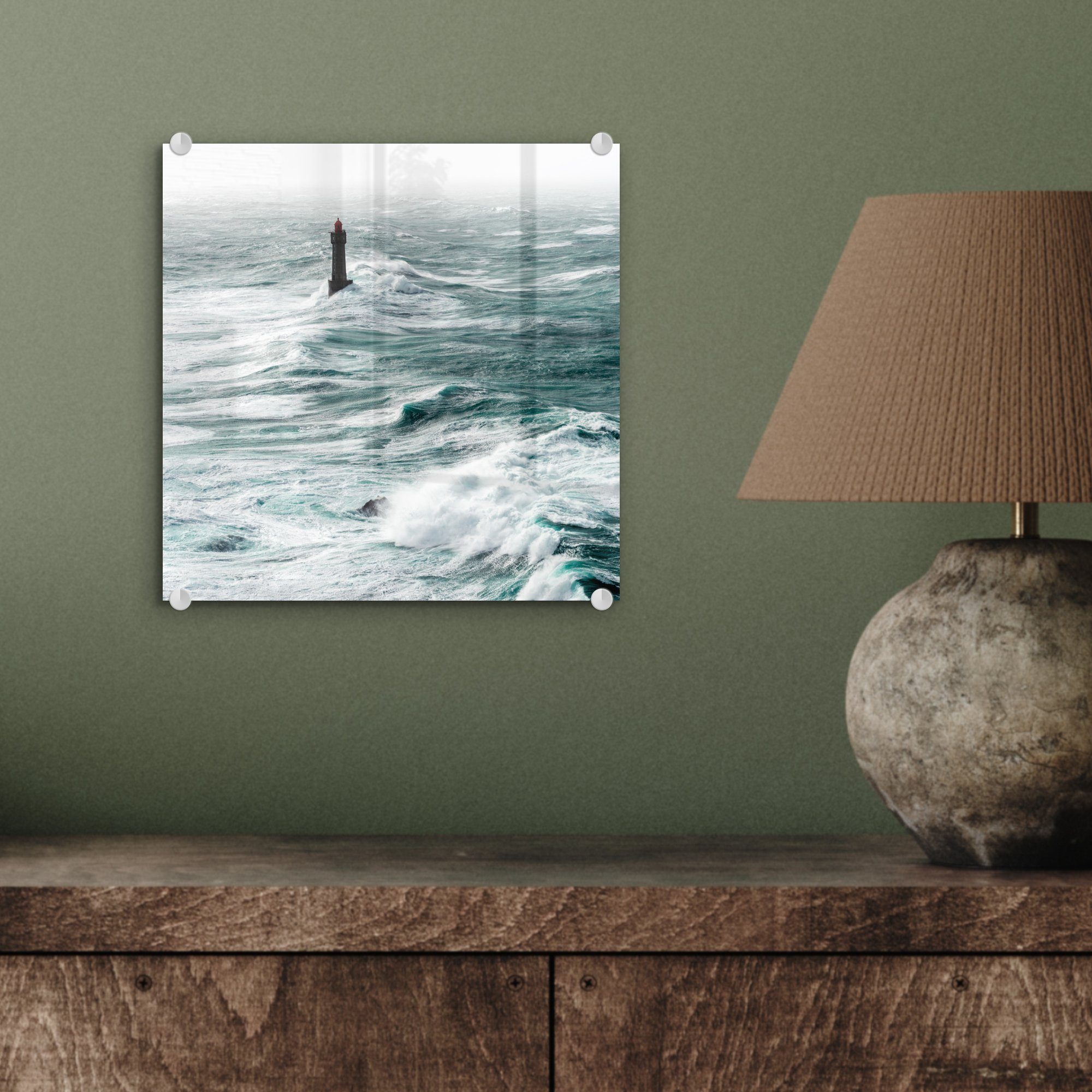 (1 Meer, Golf Glasbilder - - Acrylglasbild Foto St), auf Wandbild - Bilder - Glas Wanddekoration MuchoWow Glas Leuchtturm - auf