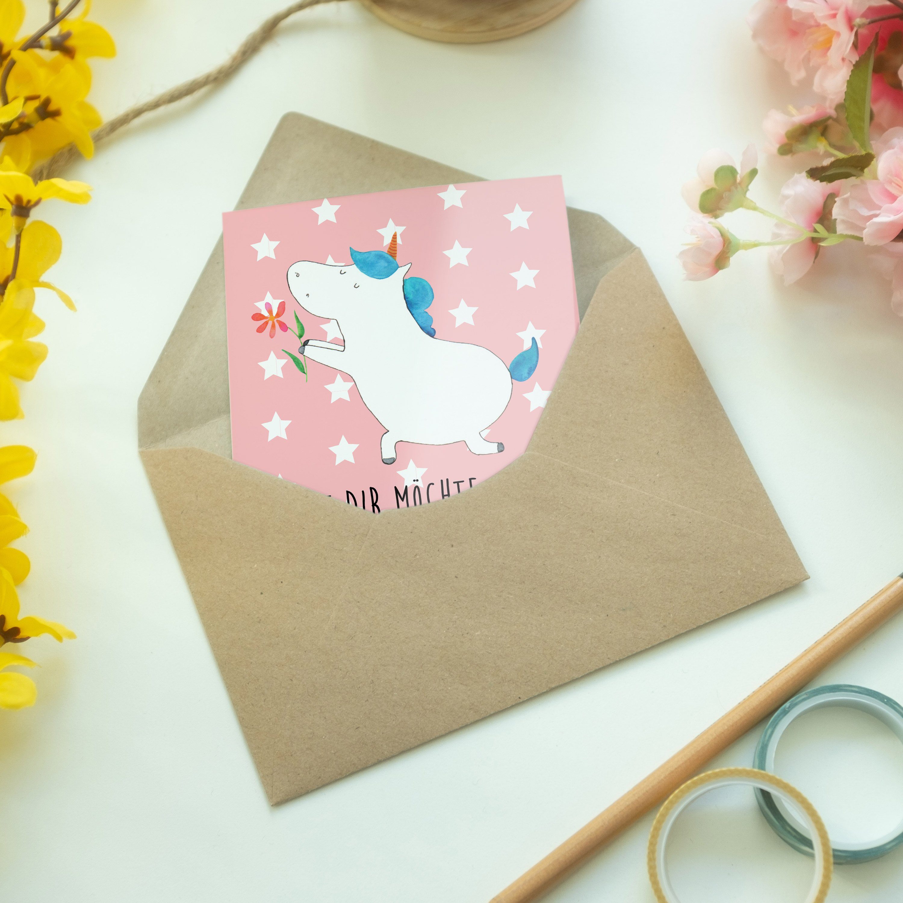 Pastell Blume Rot Klappkarte, Heiratsantrag, Mrs. Mr. Panda Geschenk, - Ei - Einhorn & Grußkarte