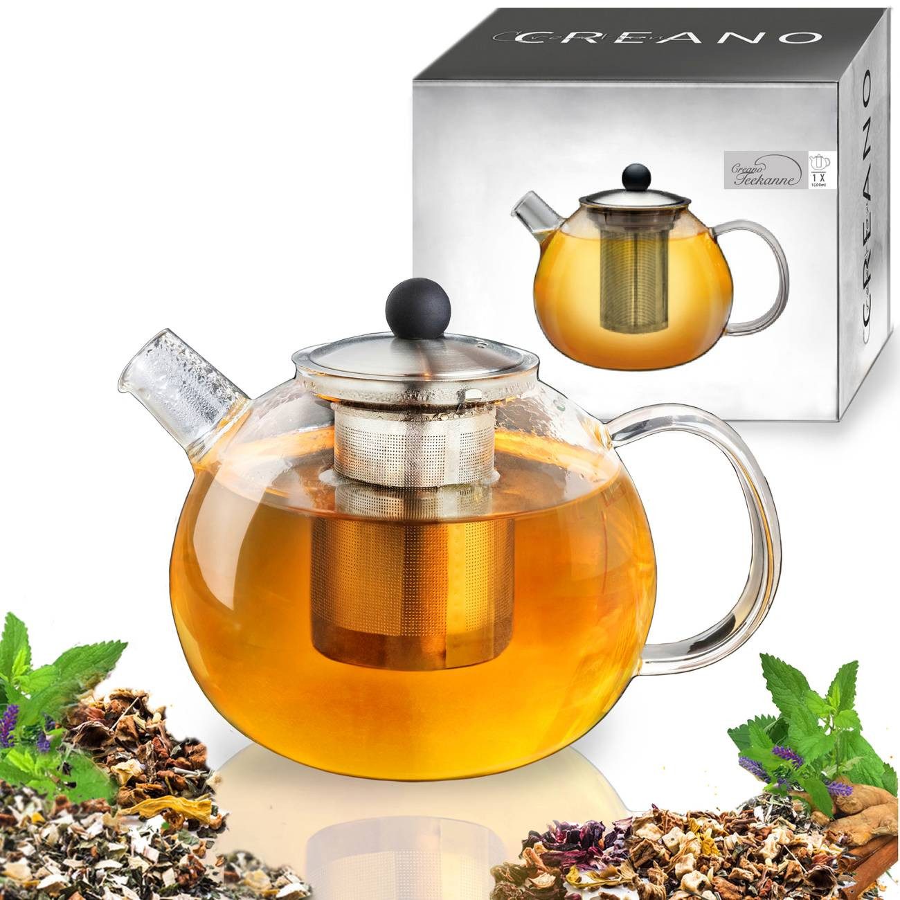 Creano Teekanne Teekanne 1,6 Liter mit Edelstahlsieb und Edelstahldeckel, 1.6 l, (1-er Set), 1x Glasteekanne