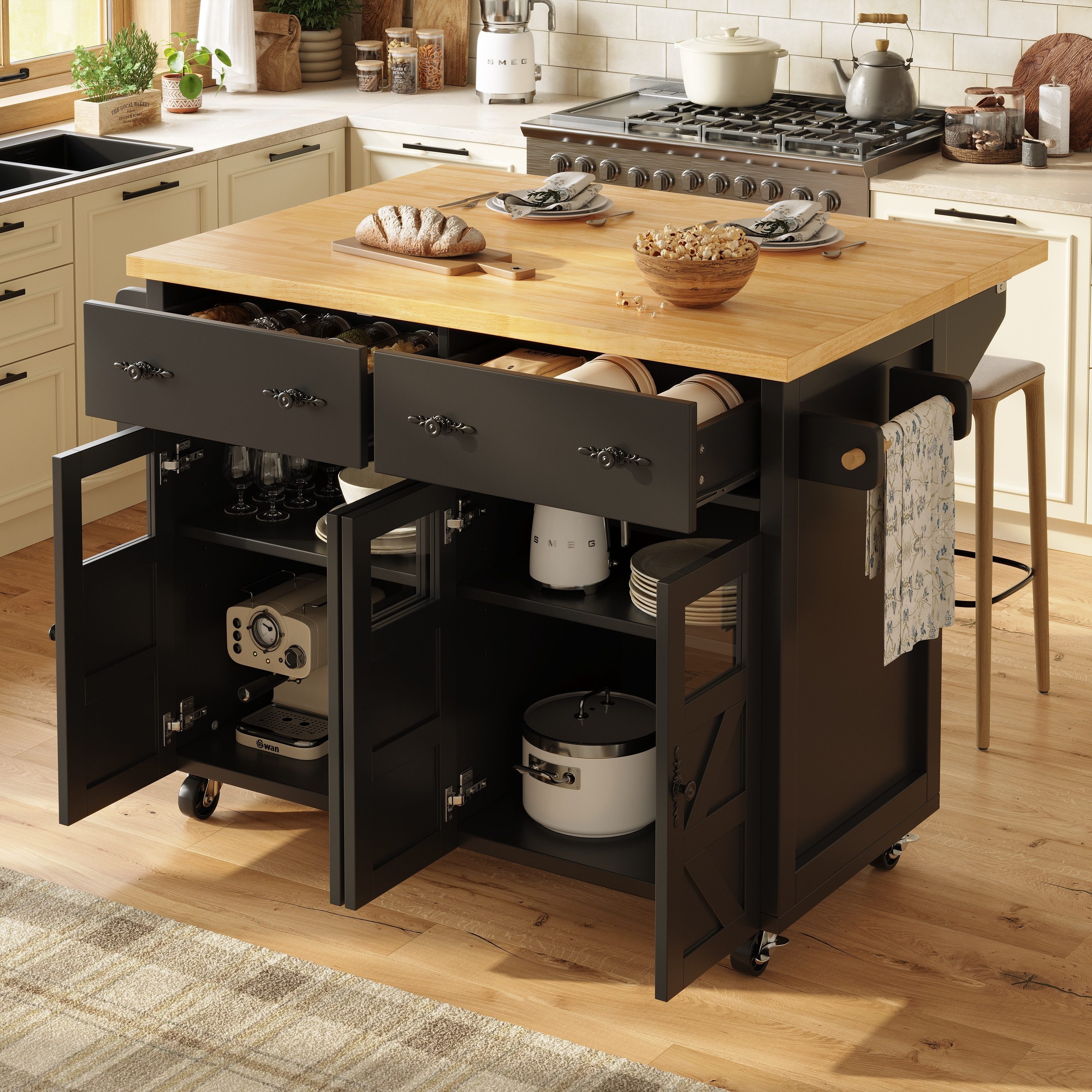 autolock Kücheninsel Multifunktionaler Servierwagen Mobiler Buffetschrank Küchenwagen, Mit Bremsen & verstellbaren Fächern, für Esszimmer,Wohnzimmer, Küche