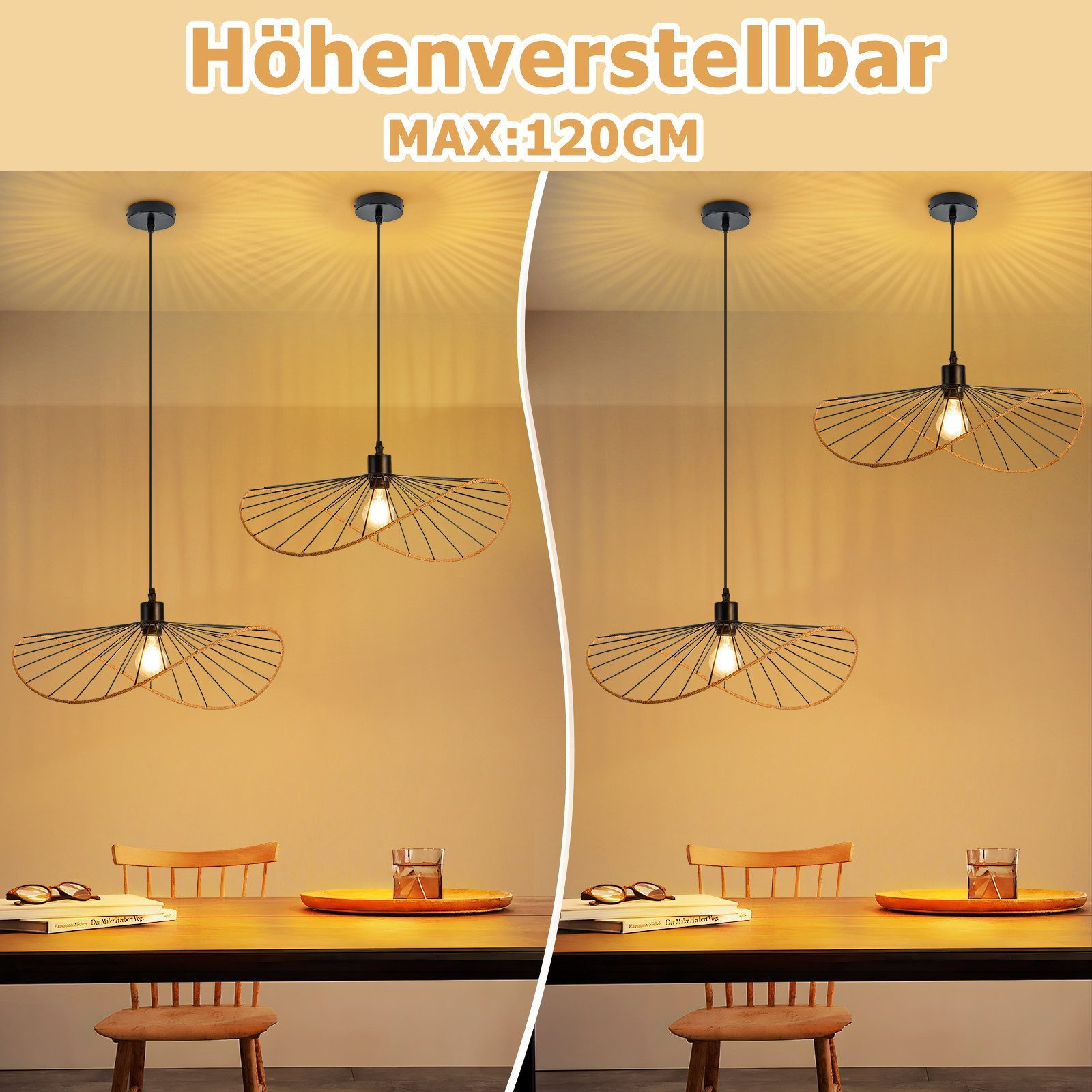 Nettlife Pendelleuchte Vintage Schwarz Esstisch E27 Hängelampe 60/80/100/120/140CM, LED wechselbar, Pendellampe für Wohnzimmer Schlafzimmer Korridor Esszimmer – Bild 5 von 5