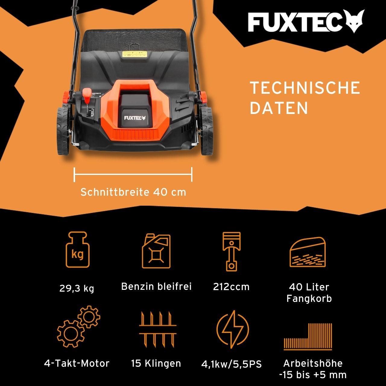 FUXTEC Benzin-Vertikutierer FX-BV240ECO, 40,6 cm Arbeitsbreite, 212cc 4-Takt Benzinmotor, 5-fach Tiefeneinstellung, 40L Fangkorb
