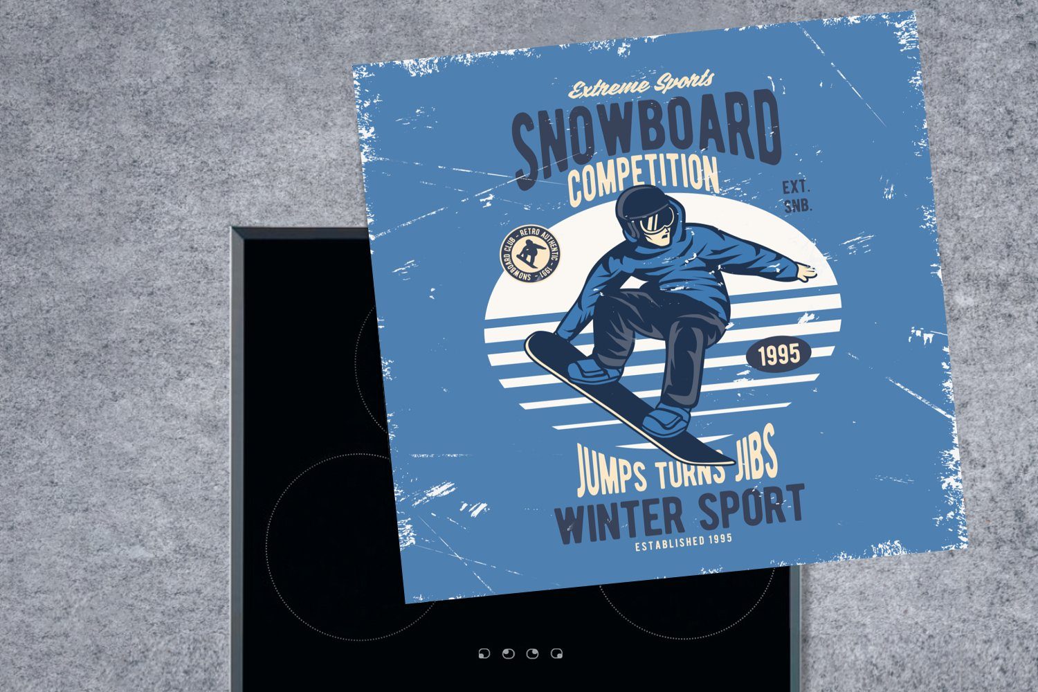 für Snowboard küche Retro, Ceranfeldabdeckung, tlg), - (1 - Vinyl, Arbeitsplatte cm, Herdblende-/Abdeckplatte Wintersport MuchoWow 78x78