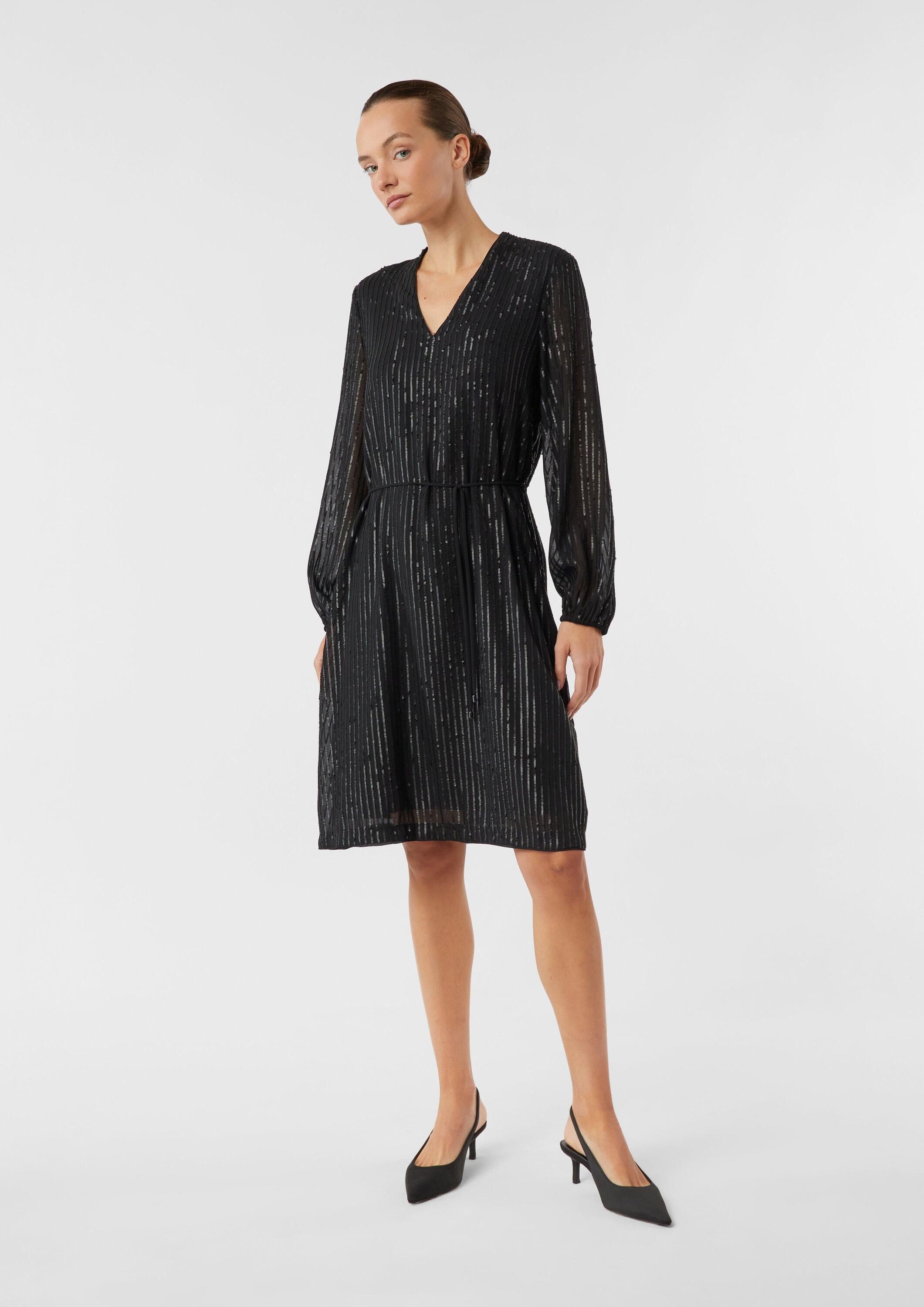 comma Midikleid Kleid Pailletten-Kleid mit V-Ausschnitt und Bindegürtel