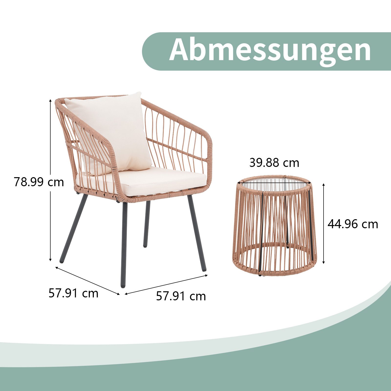 JOIVI Balkonset Outdoor 3-tlg Balkon Set, Bistro Set, Rattan Gartenmöbel mit Kissen, (Couchtisch mit Glastischplatte), Sitzgruppe für Garten, Balkon, Hinterhof, Natur