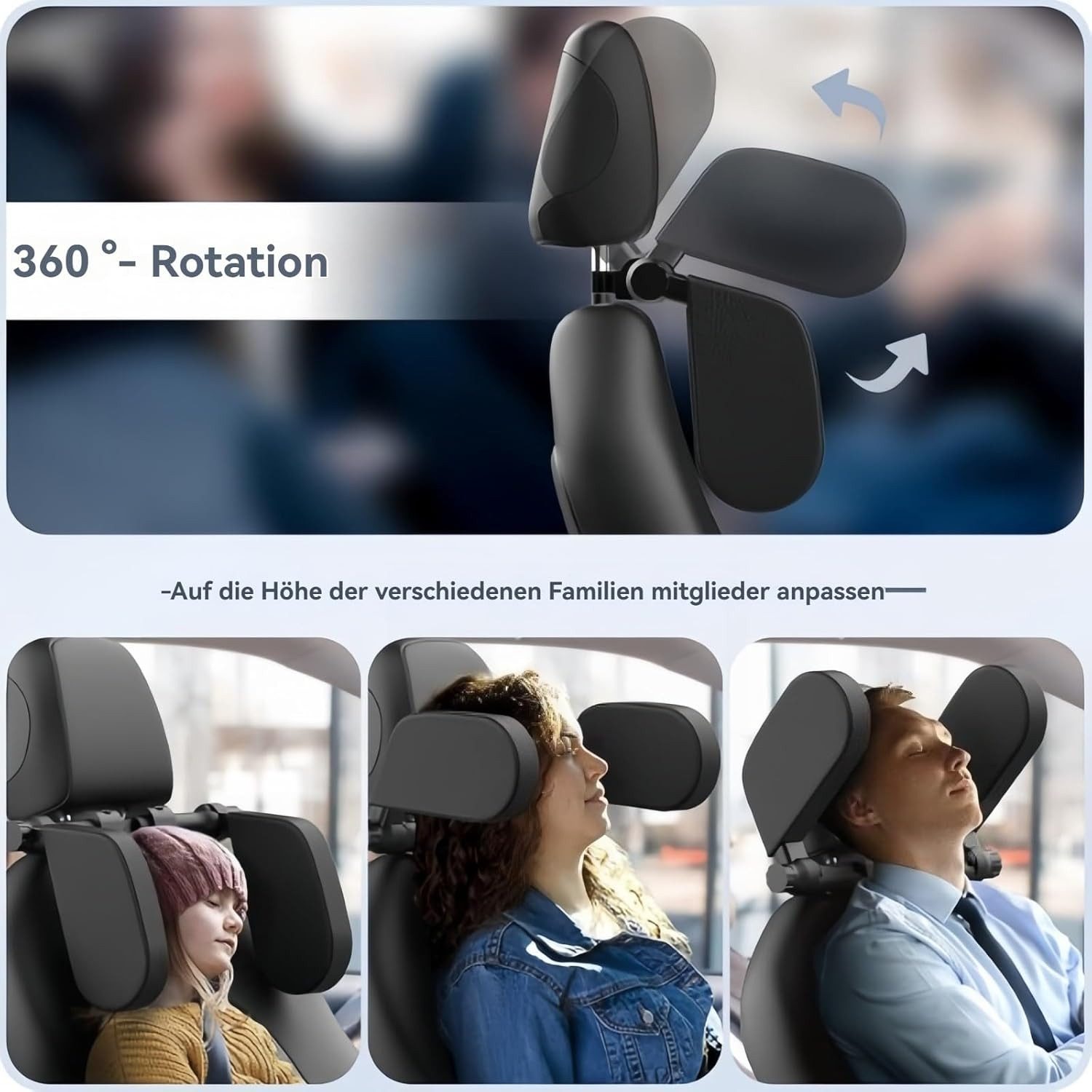 ibettertec Autokopfstütze Autokopfstütze, 360°Verstellbares Auto-Kopfstützenkissen, (Auto-Reise-Schlaf-Kopfstützkissen für Kinder und Erwachsene, Memory Foarm Nackenkissen), nur geeignet für Autositz mit 2 Stangen