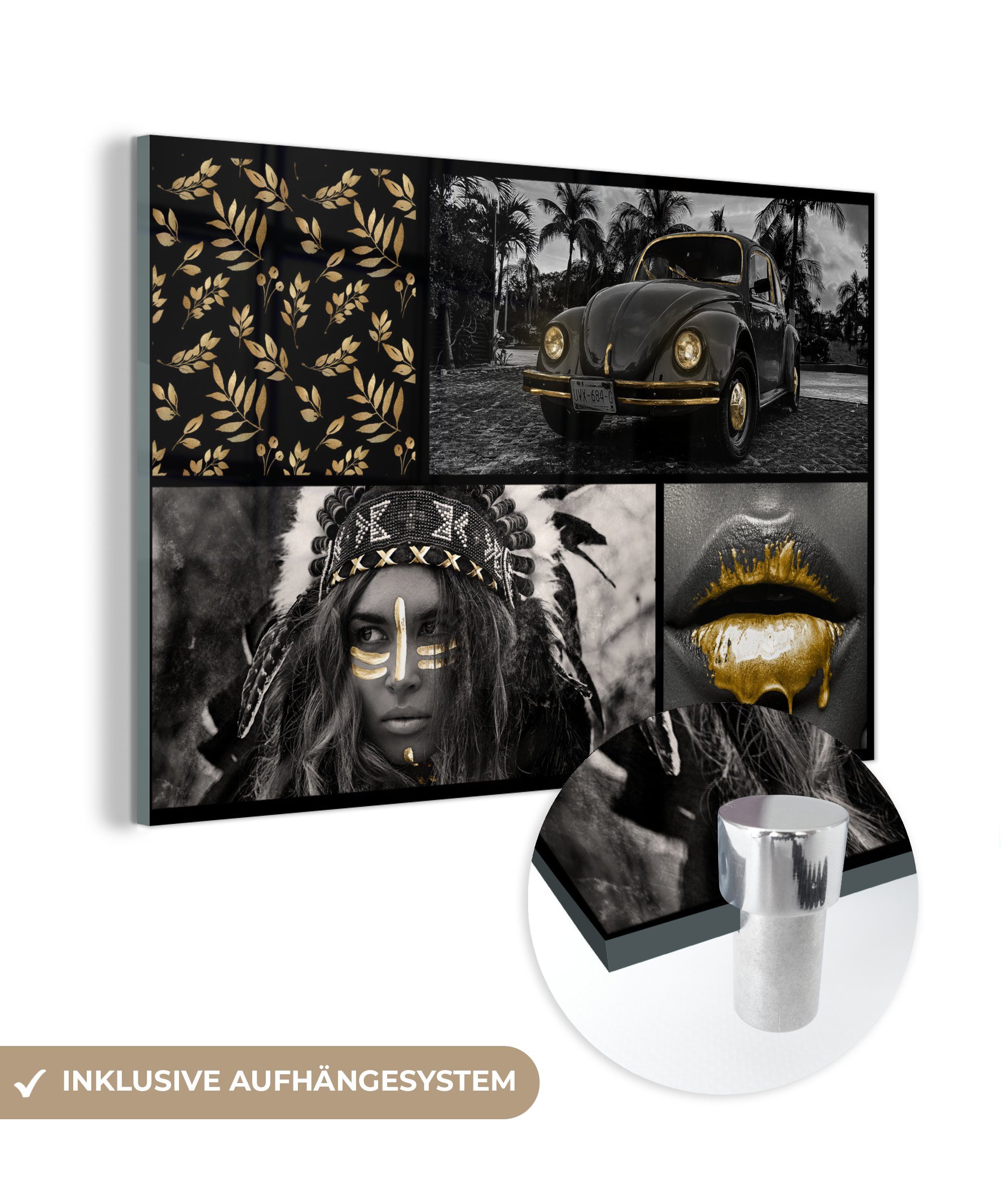 MuchoWow Acrylglasbild Collage - Gold - Auto - Farbe, (1 St), Glasbilder - Bilder auf Glas Wandbild - Foto auf Glas - Wanddekoration