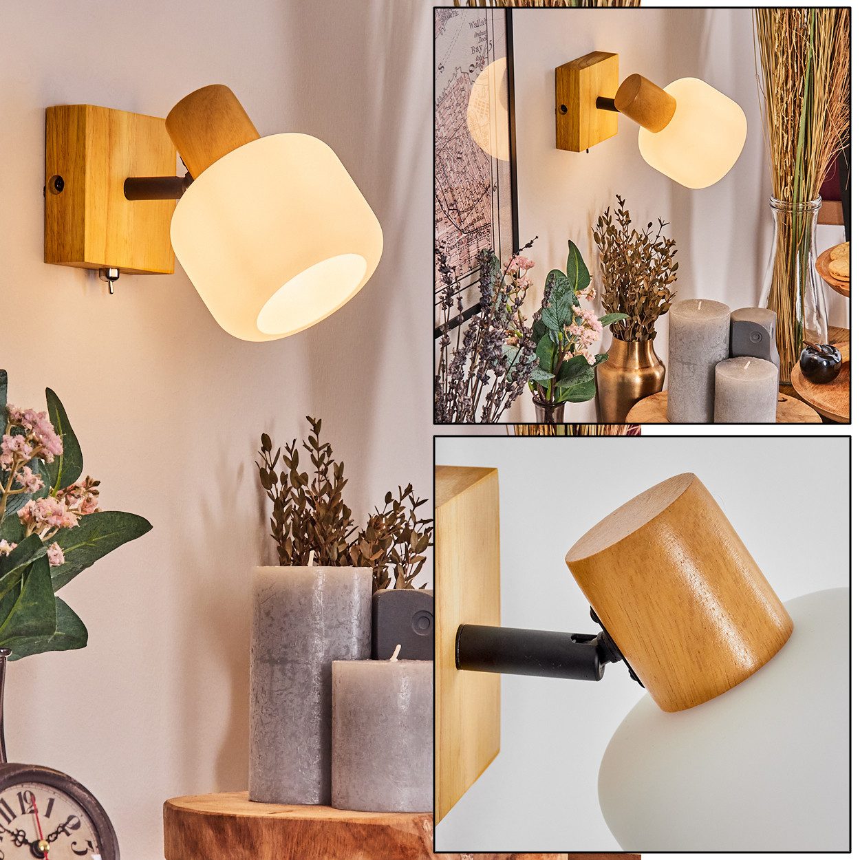 hofstein Wandleuchte verstellbare Wandlampe aus Holz/Metall/Glas in Natur/S günstig online kaufen