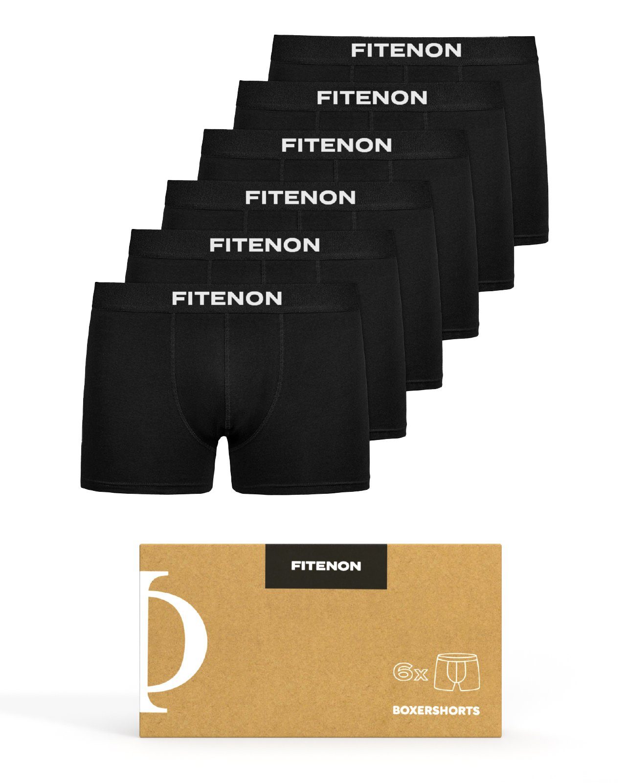 Herren Baumwolle Logo-Elastikbund Boxershorts FITENON mit (6 er Set) 6x Unterhosen, ohne kratzenden Schwarz Unterwäsche, Zettel,