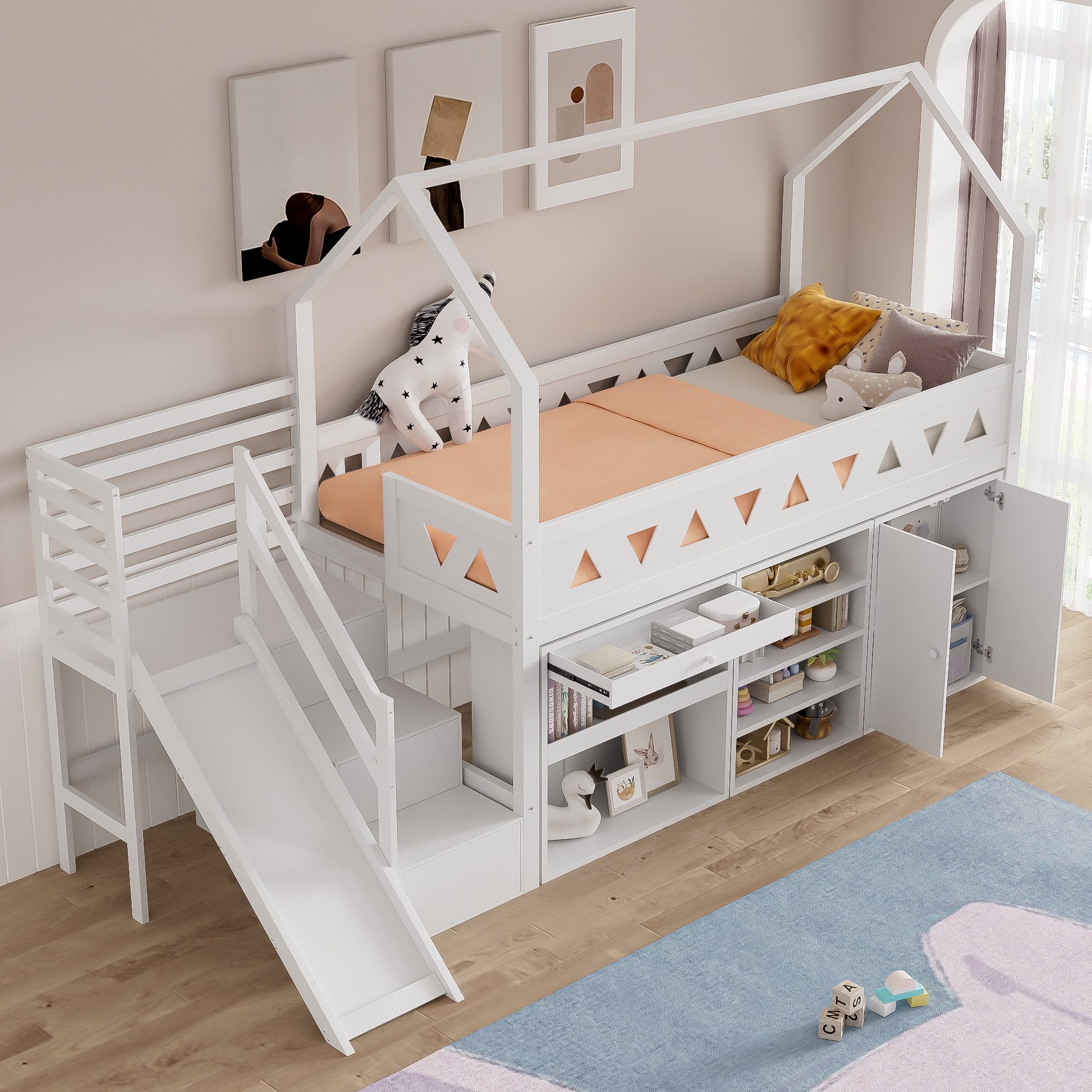 Flieks Hochbett Kinderbett Etagenbett mit Schränke, Rutsche und Treppe 90x200cm
