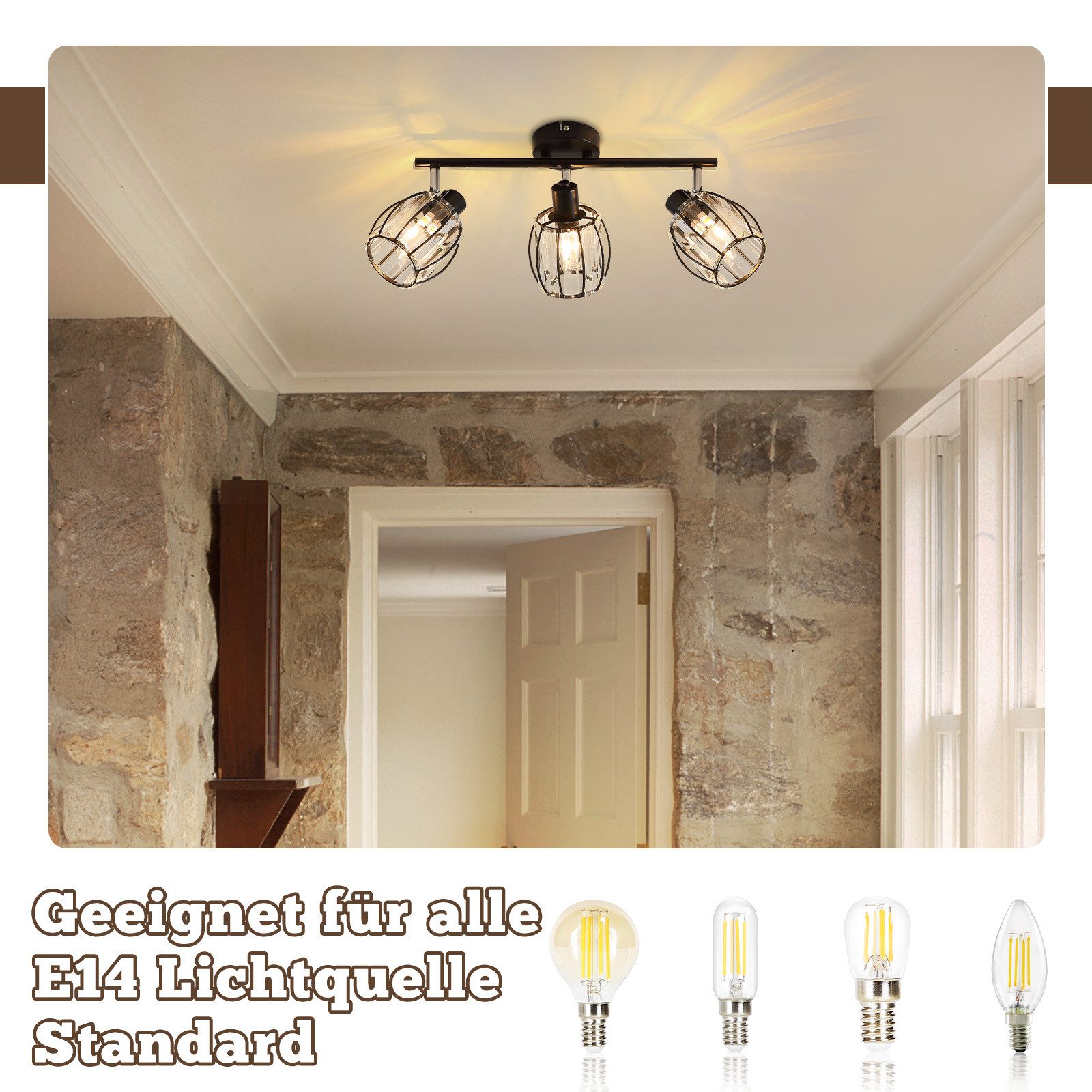 Nettlife Deckenstrahler Kristall Vintage Schwarz E14 Flur 350°Schwenkbar In günstig online kaufen