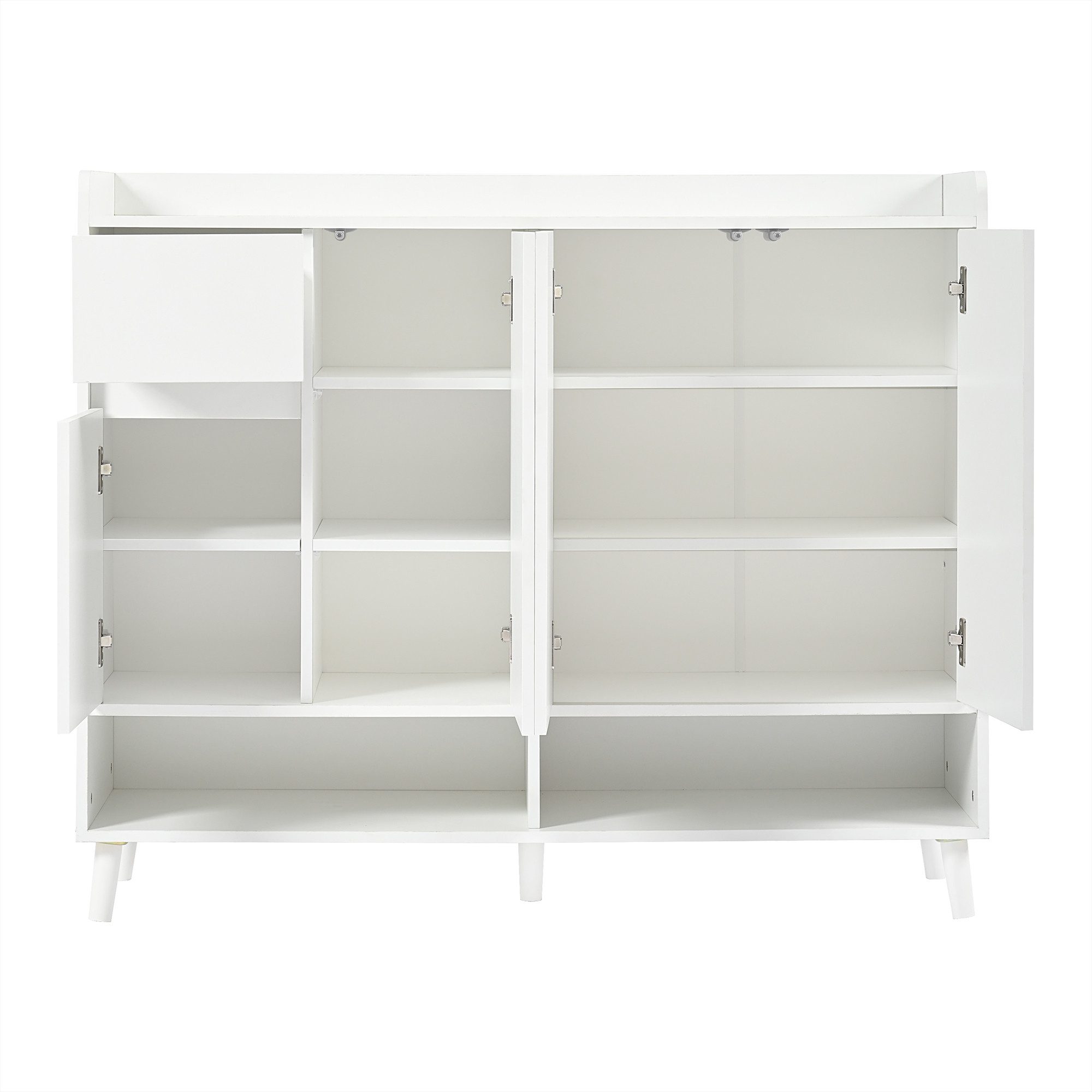 Flieks Schuhschrank mit 1 Schubladen und 4 Türen Weiß/Natur (B120/T35/H99 cm, 1-St., mit verstellbaren Einlegeböden) Schuhkommode Mehrzweckschrank Sideboard, Massivholzbeine