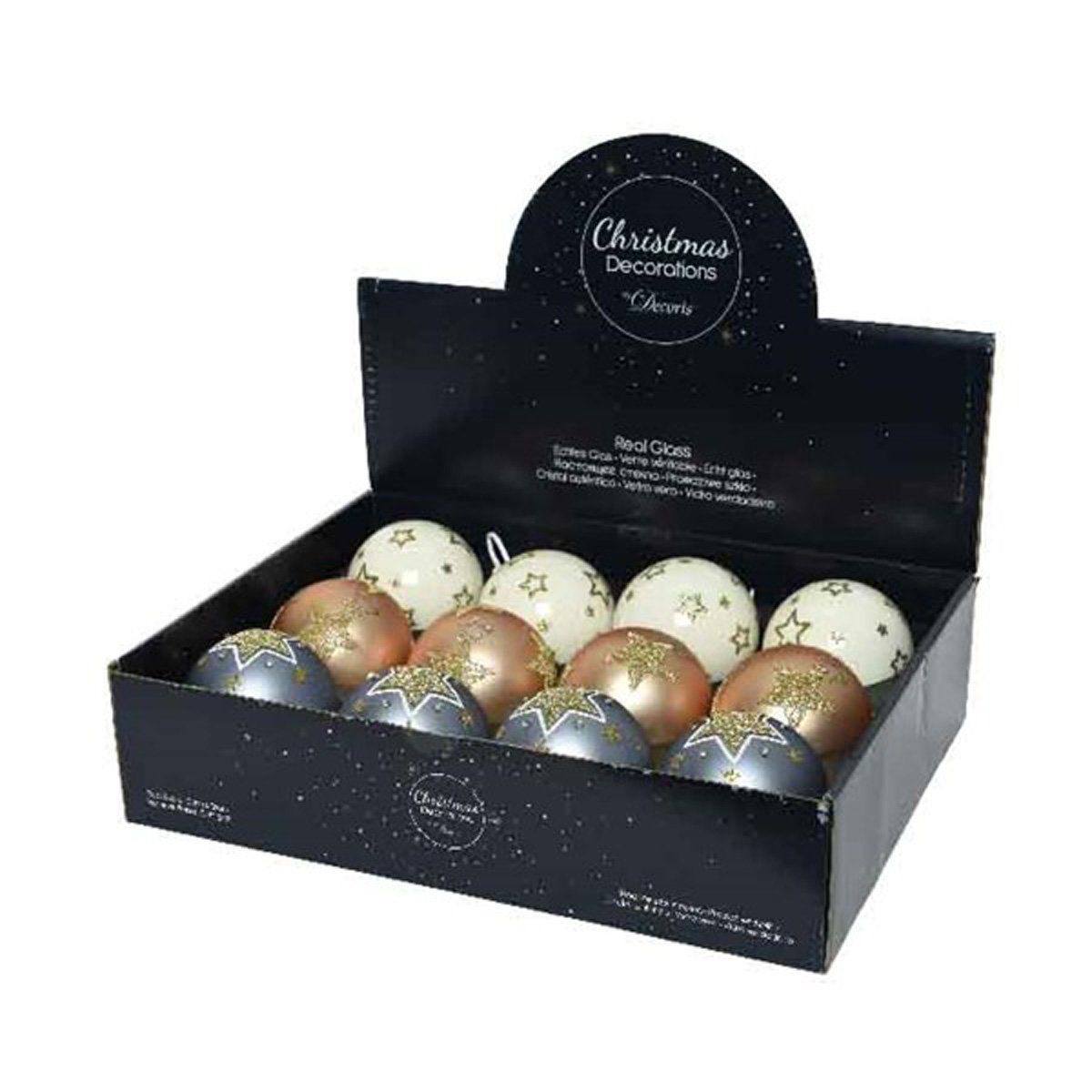 Kaemingk Weihnachtsbaumkugel, Weihnachtskugeln Glas 8cm mit Sternen Muster 12er Set beige / grau