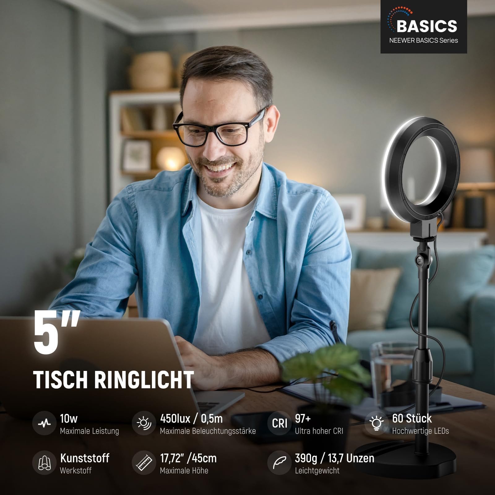 Neewer Ringlicht BR60 13cm Tisch Ringlicht mit Ständer,10W, Dimmbar, Höhenverstellbar, mit Telefonhalter Basis, Selfie Licht für Laptop Videolicht Makeup
