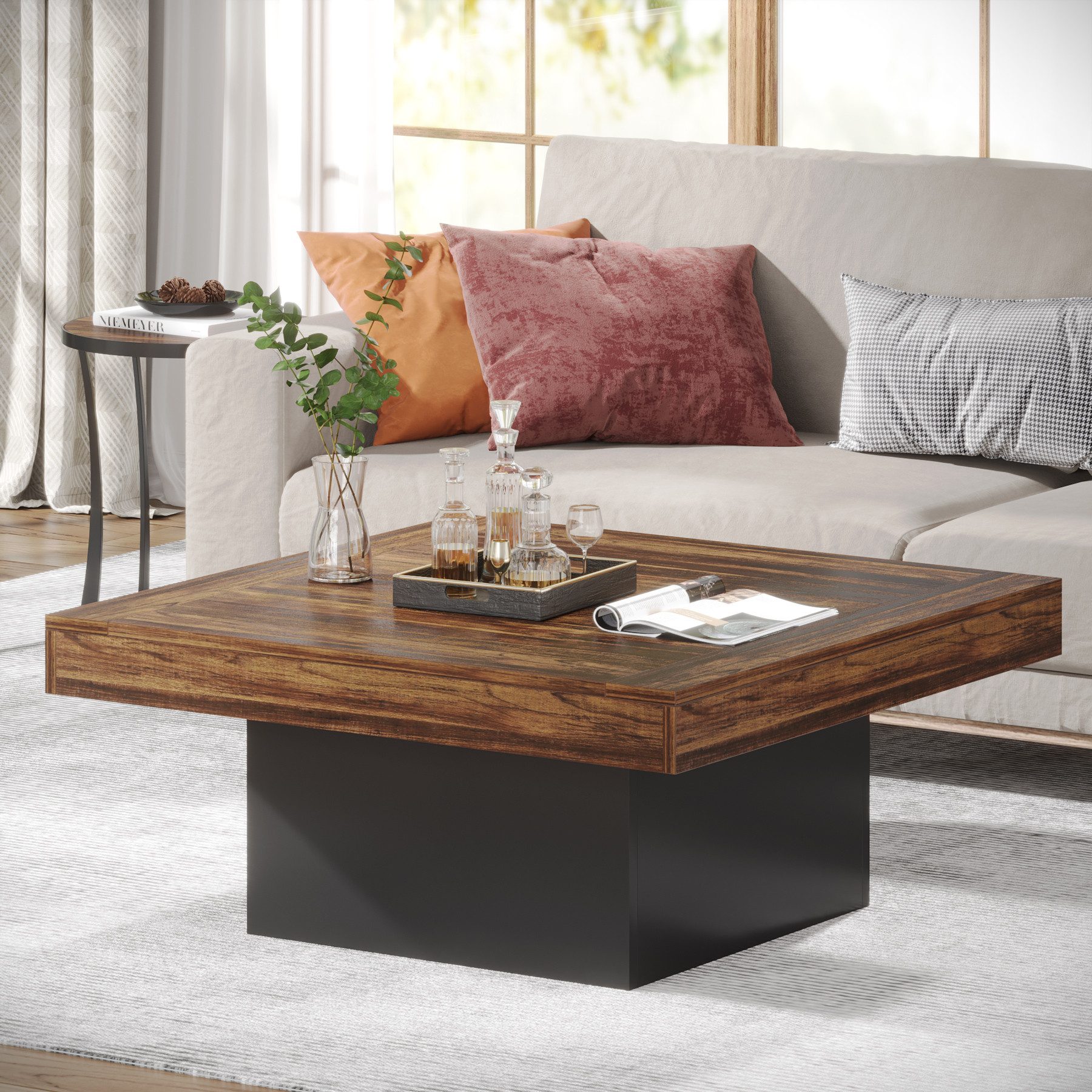 Tribesigns Couchtisch 90 cm Quadratischer LED-Couchtisch im Landhausstil mit App-Steuerung (90 x 90 x 45 cm Großer Sofatisch Holz für Wohnzimmer, einfache Montage), Wohnzimmertisch in Walnussoptik