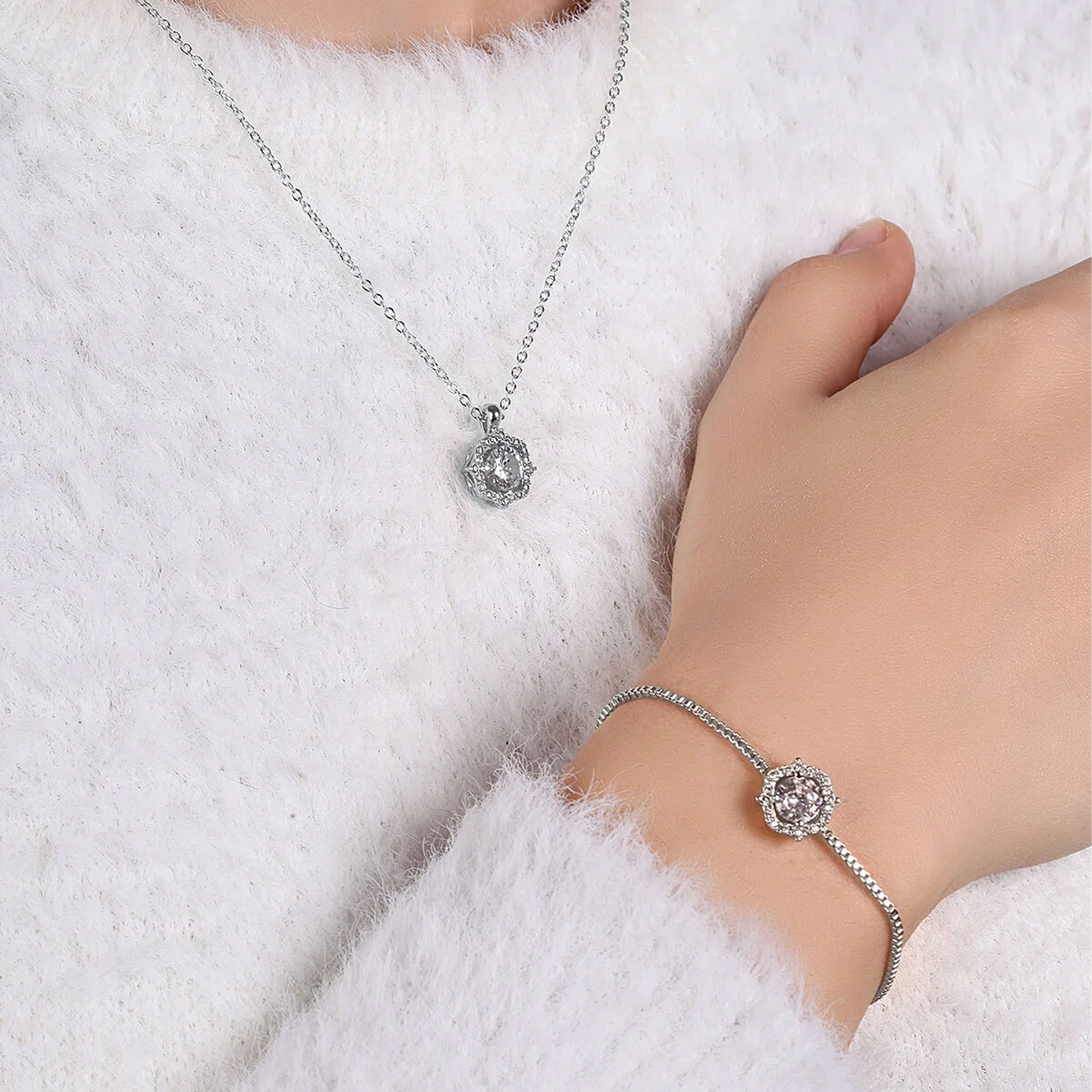 Jungengel Schmuckset Silver Blossom Damen Geschenkset Uhr Halskette Armband Schmuckbox (Set, 3-tlg., Damenarmbanduhr in Silberoptik, Halskette mit Zirkonstein-A – Bild 3 von 5