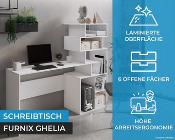 Furnix Schreibtisch GHELIA Arbeitsplatz mit asymmetrischem Regal Weiß, B158,4 x H135 x 39,6 cm, vielseitig, raumsparend, made in Europe