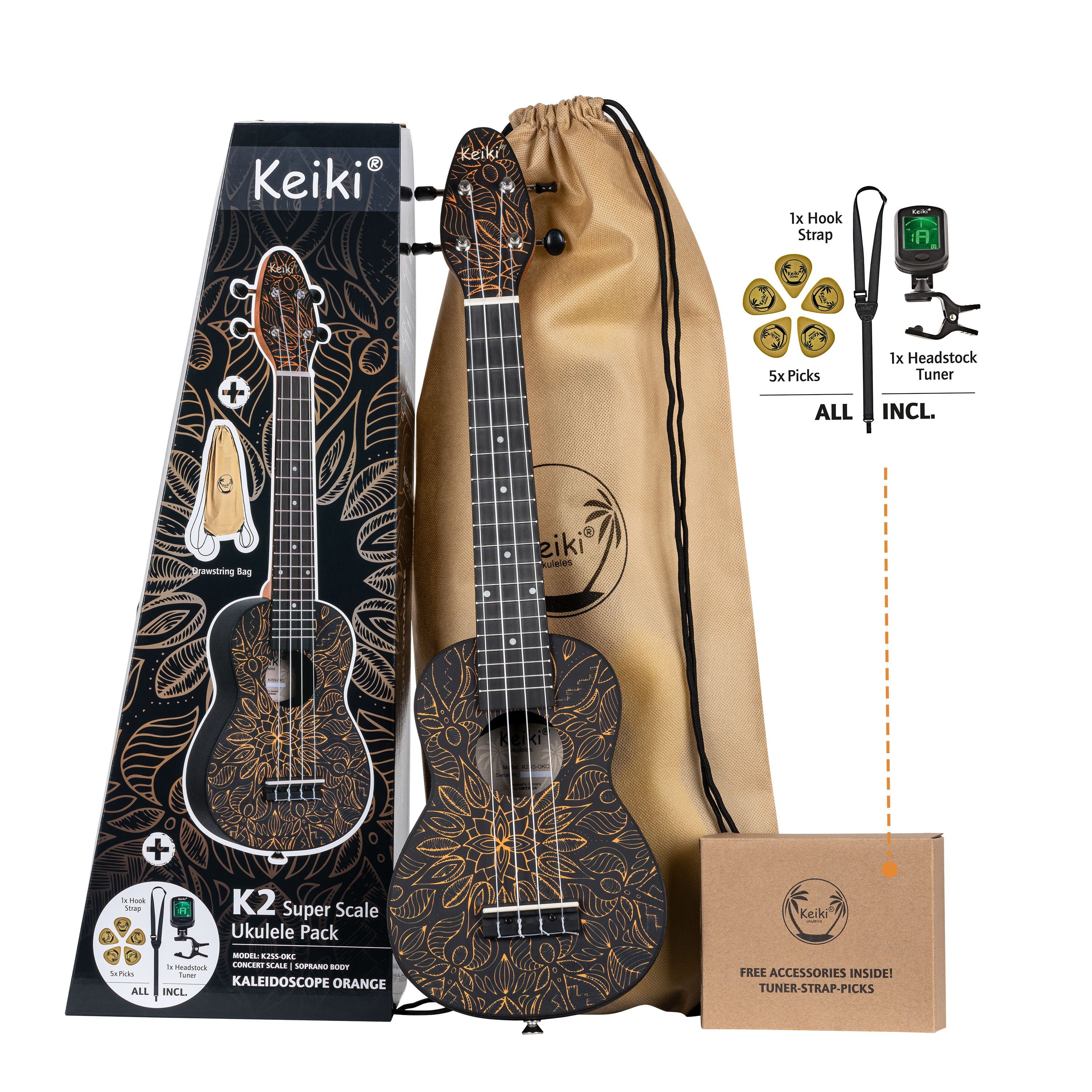 Keiki Ukulele K2 Super Scale Komplettset, mit Tuner, Gurt, Plektren und Tasche