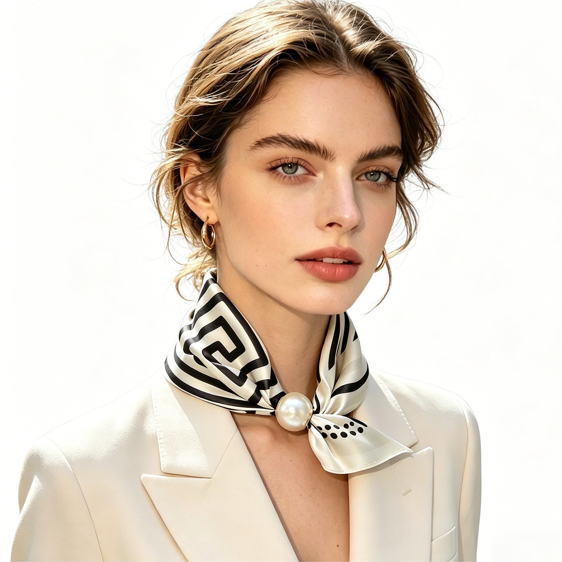 Mutig Modetuch Damen-Halstuch, Satin Seidenschal, Perlen-Magnetverschluss, Vielseitig, (Retro-Grafikdruck, Magnetverschluss-Design, Als Halstuch, Seidenschal oder Armband tragbar), Lässt sich mit Blazer, Hemd, Mantel und Kleid kombinieren