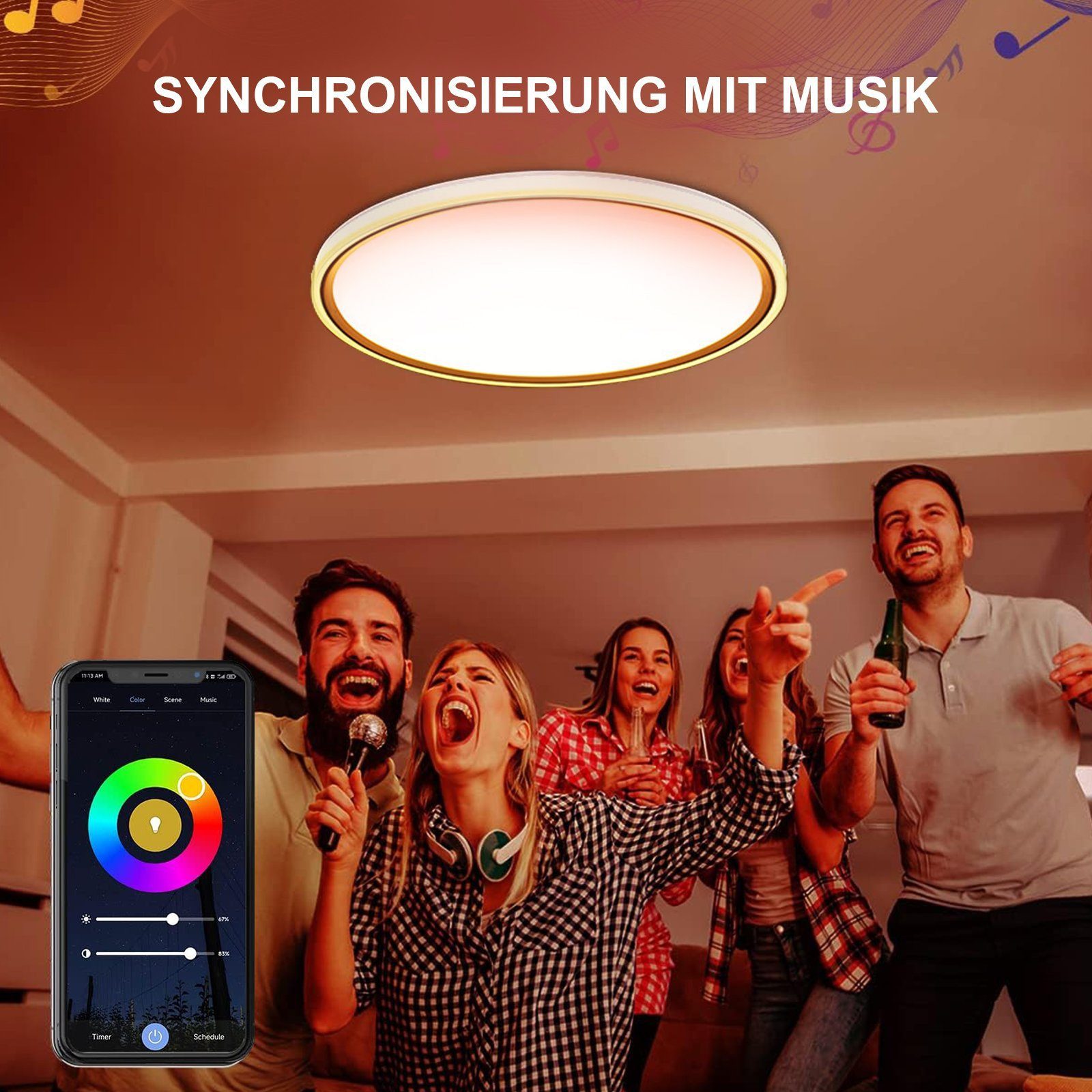 POPOLIC Deckenleuchten 24W Graffiti-Smart-RGB-Farb-Deckenleuchte,Ø30 cm, Mit Fernbedienung, integrierter LED-Beleuchtung, Sprachsteuerung, Timer und einer Dicke von 5,8 cm.