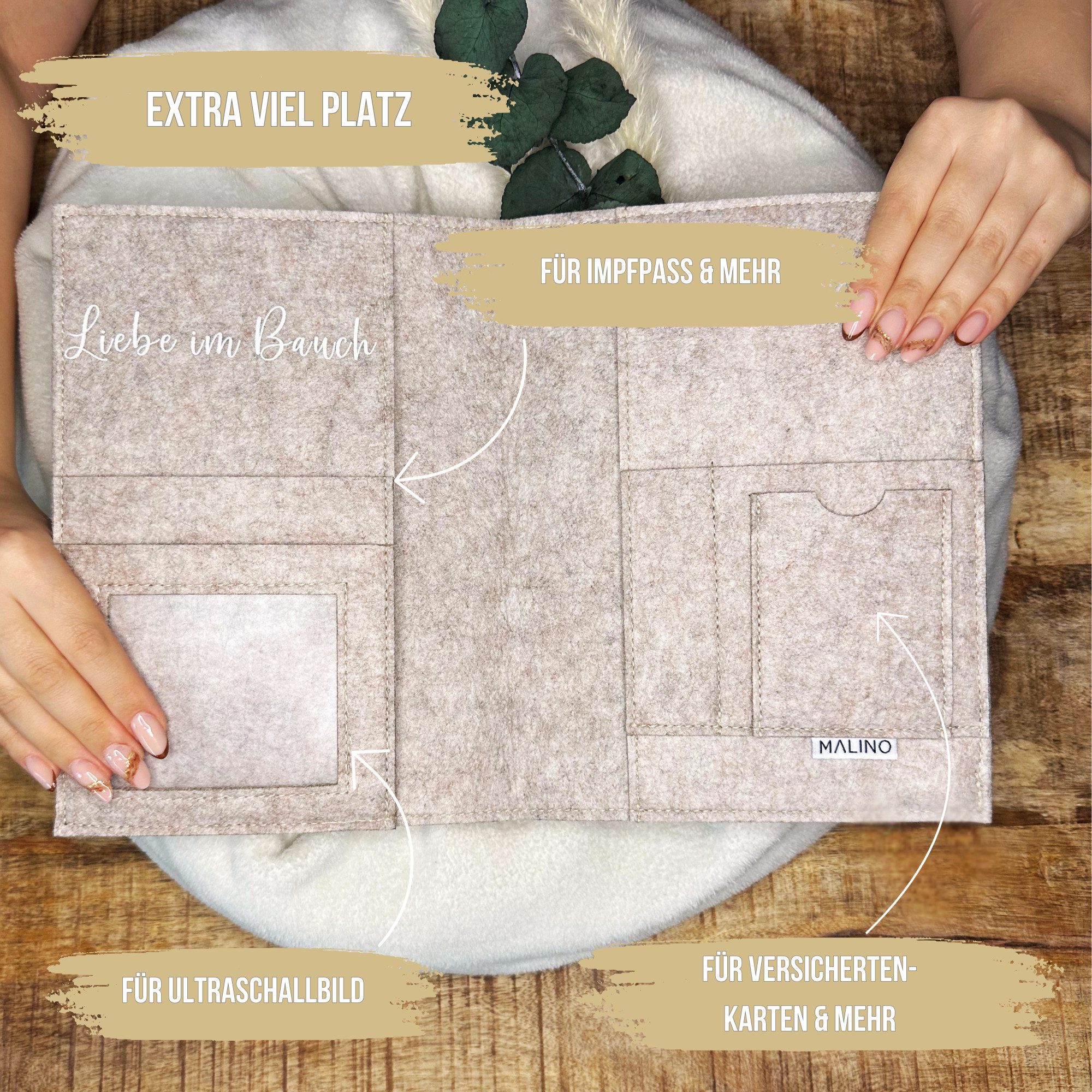 Malino Mutterpass-Hülle U-Heft Hülle und Impfpass Hülle Filz Beige für Untersuchungsheft