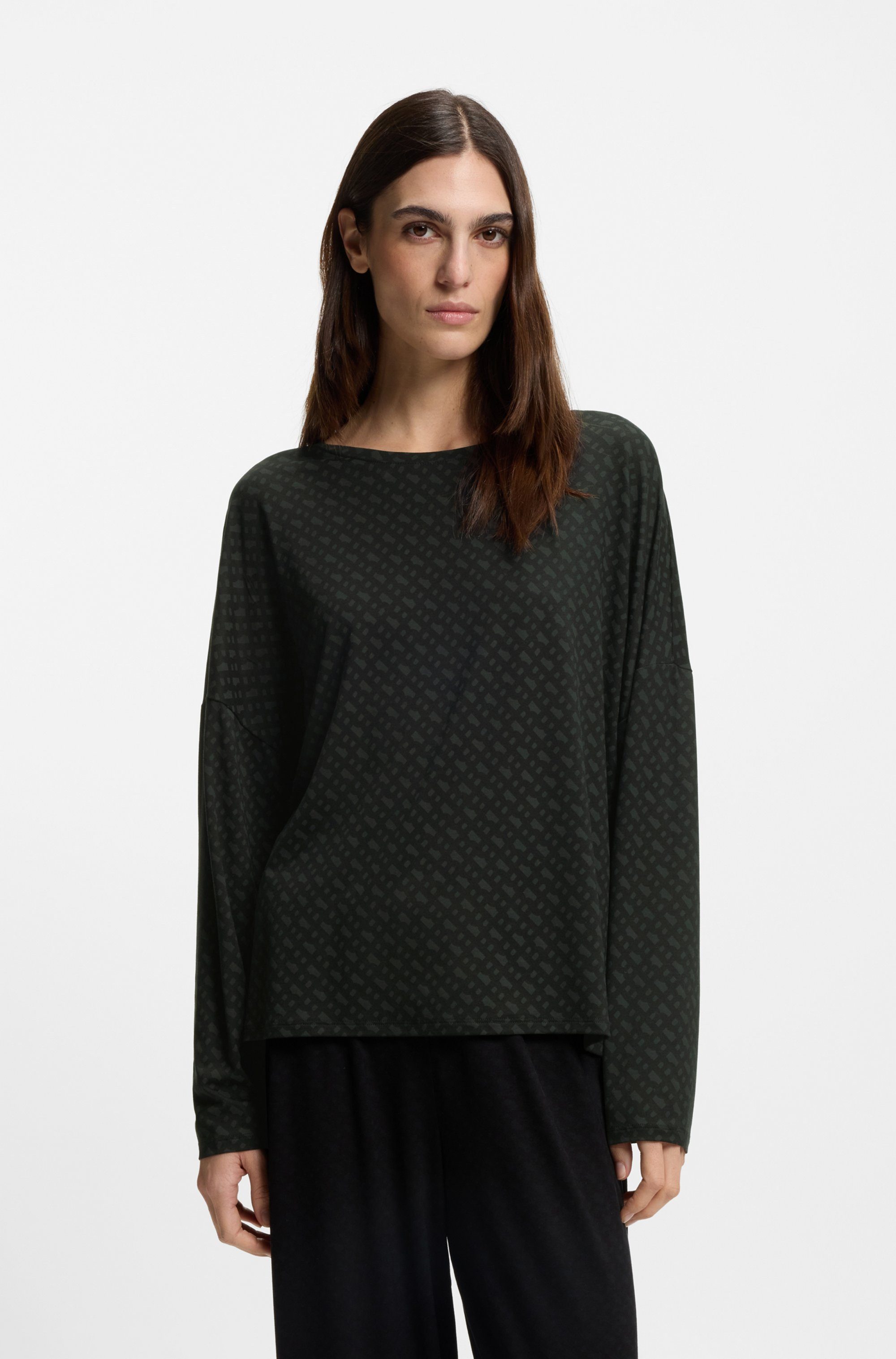 BOSS Pyjamaoberteil mit Monogramm-Print und Fledermausärmeln, Rundhalsausschnitt