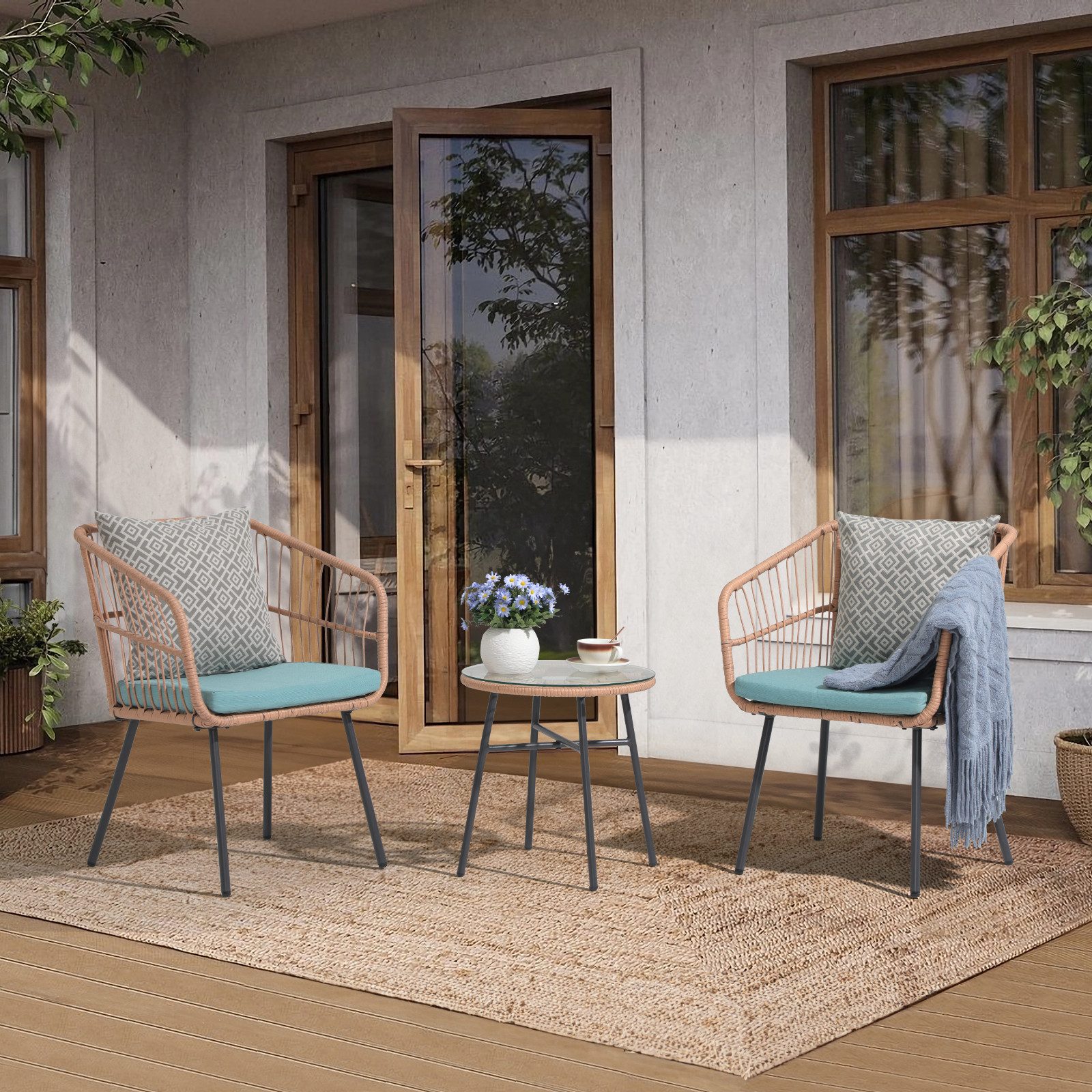 JOIVI Bistrostuhl Outdoor 3-tlg Bistro Set (Wetterfeste Rattan Gartensofa Set mit 2 Stühle und Beistelltisch), für Veranda, Garten, Balkon, Turquoise(Kissen)